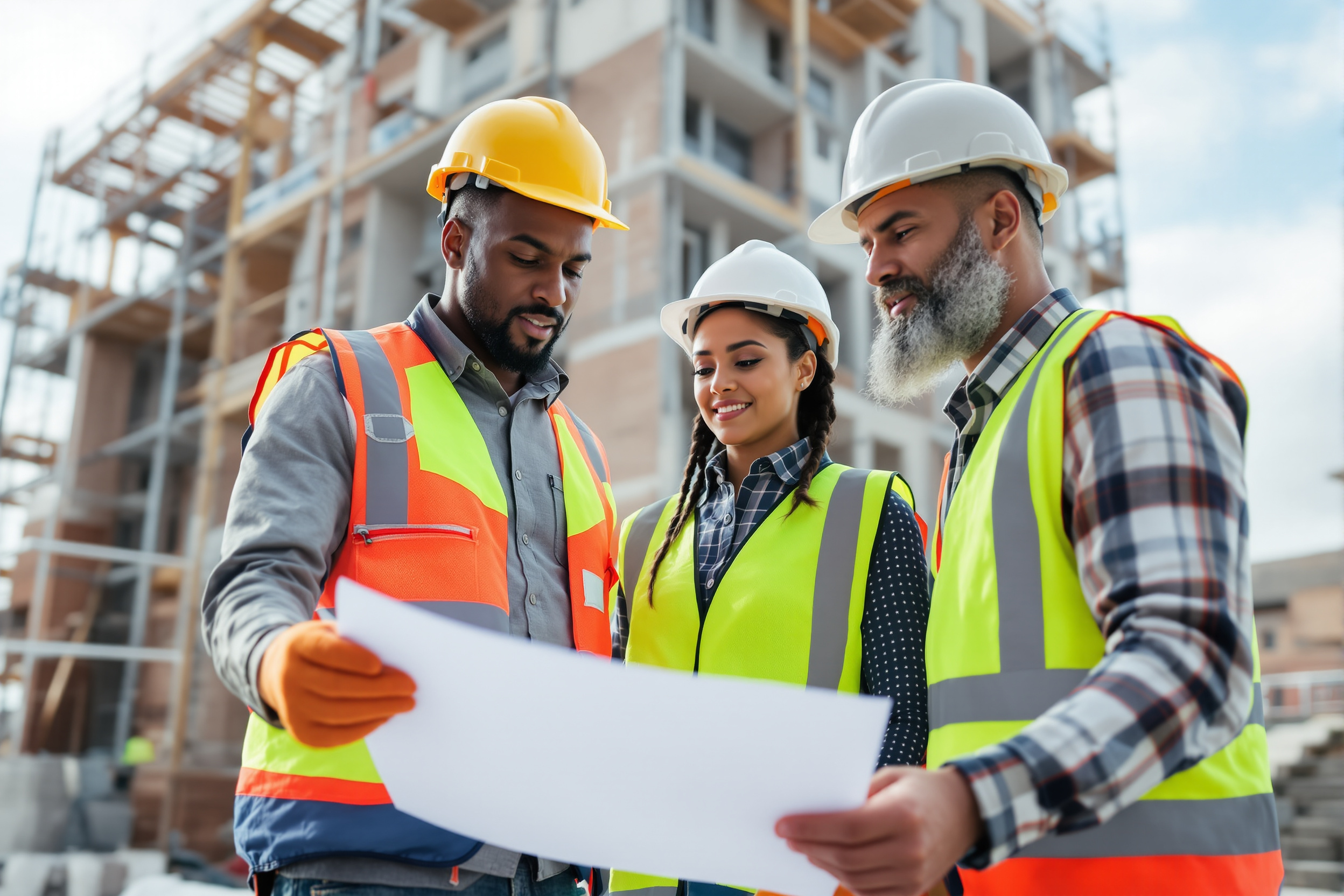 Vielfältiges Handwerkerteam auf einer Baustelle in Bochum arbeitet zusammen. Bauleiter, Maurer und Auszubildende bei der Arbeit. Fokus auf Diversität und Teamwork.