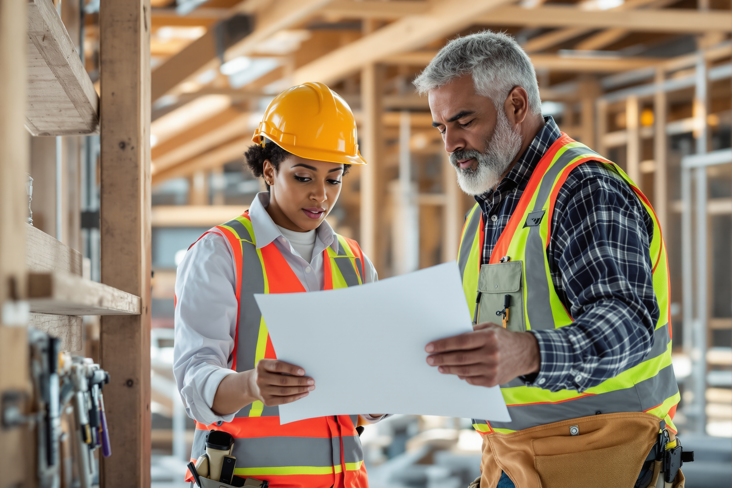 Vielfältiges Team beim Recruiting im Handwerk in Chemnitz: Dachdeckerin und Zimmermann arbeiten zusammen