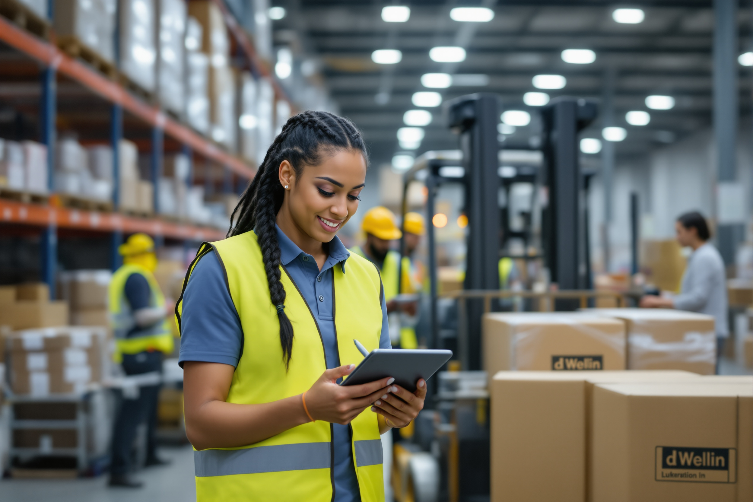Mitarbeitersuche Ludwigshafen: Vielfältiges Logistikteam bei der Arbeit in einem modernen Lager. Fachkräfte aus Chemie, Handwerk und Logistik.