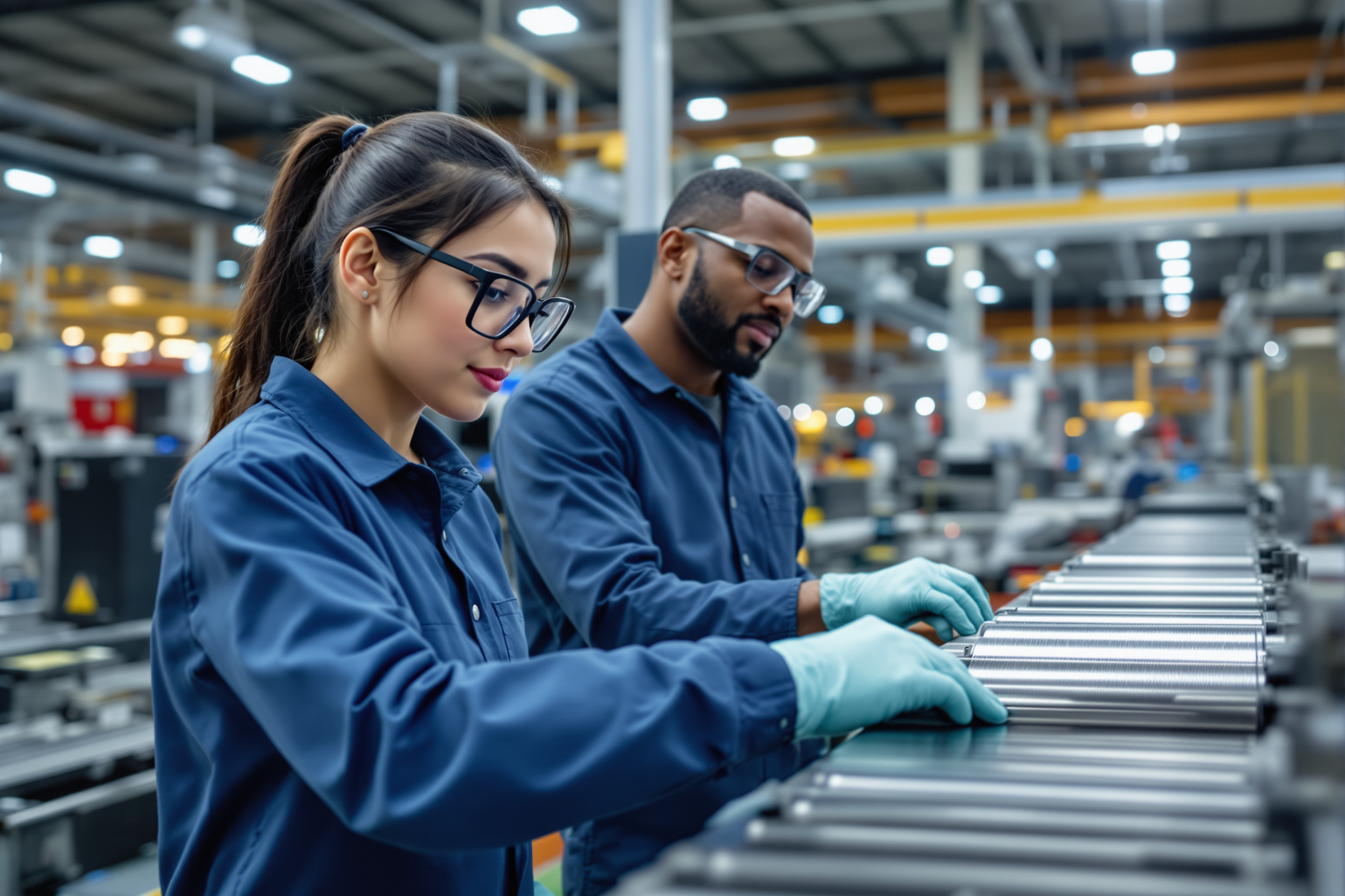 Maschinenbedienerin in Ludwigshafen bedient Fertigungsmaschine in Produktionshalle, Qualitätsprüfung im Hintergrund
