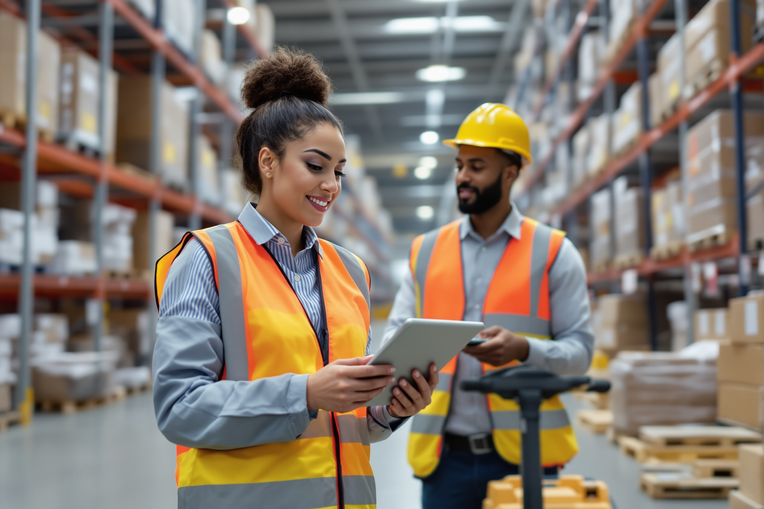 Soziale Medien Stellenanzeige: Vielfältiges Team in Logistikzentrum mit Tablet und Gabelstapler in Deutschland