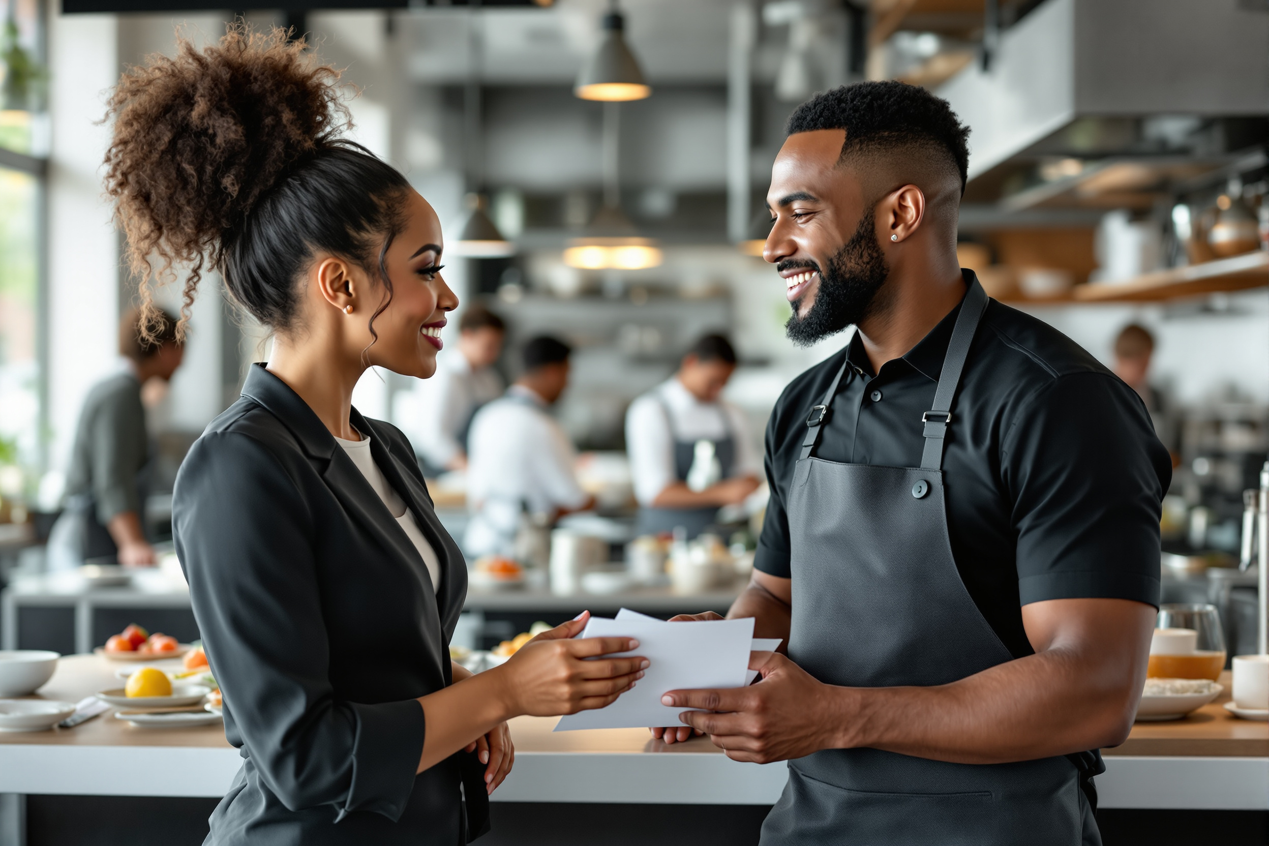 Gastronomie Recruiting: Vielfältiges Servicekräfte-Team in einem deutschen Restaurant im Gespräch