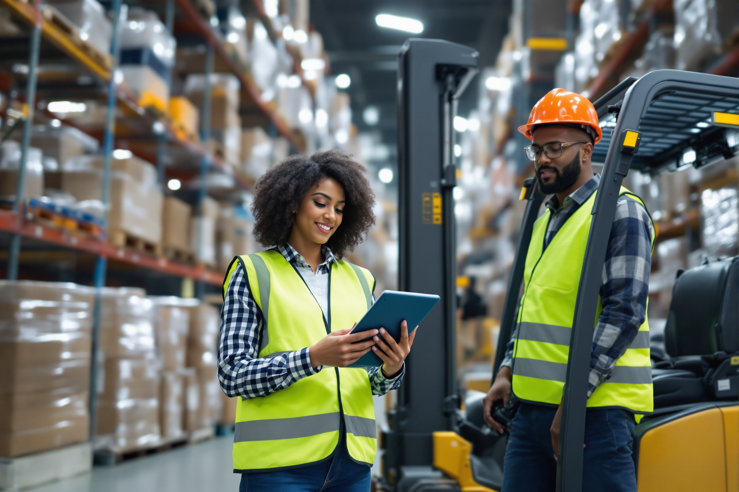 Logistik in Hamburg: Latina Managerin und afrikanisch-amerikanischer Gabelstaplerfahrer arbeiten in einem Lagerhaus. Vielfalt und Effizienz in der Logistikbranche.