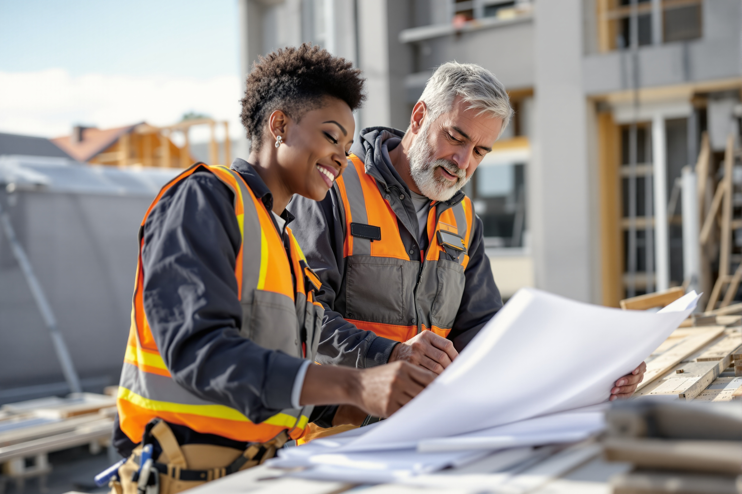 Facebook Recruiting Anzeige: Afrikanisch-amerikanische Dachdeckerin arbeitet auf einer Baustelle in Deutschland
