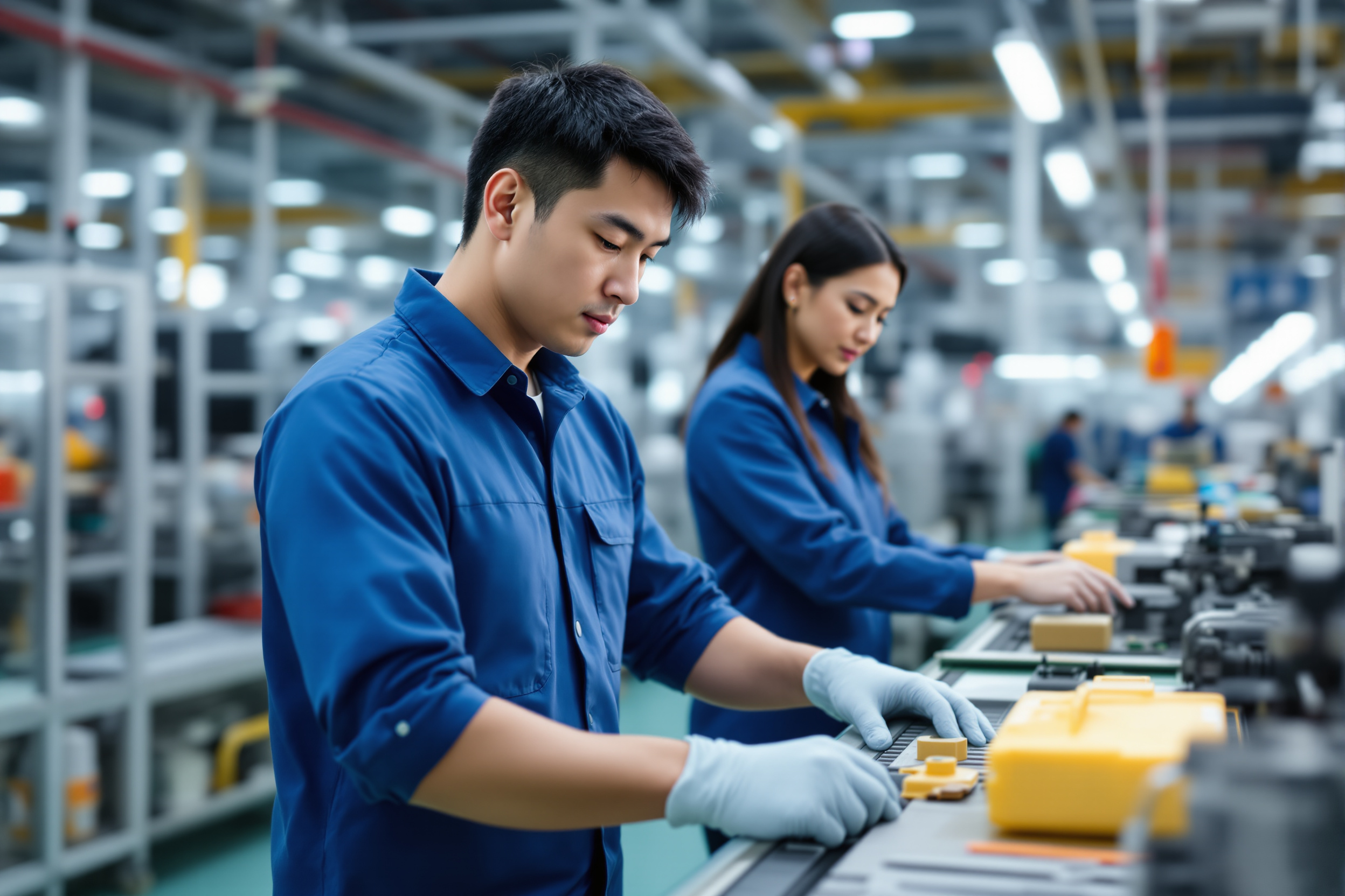 Moderne Fertigungsanlage in Deutschland: Asiatischer Produktionsmitarbeiter und lateinamerikanische Qualitätsprüferin arbeiten zusammen an einer Montagelinie.