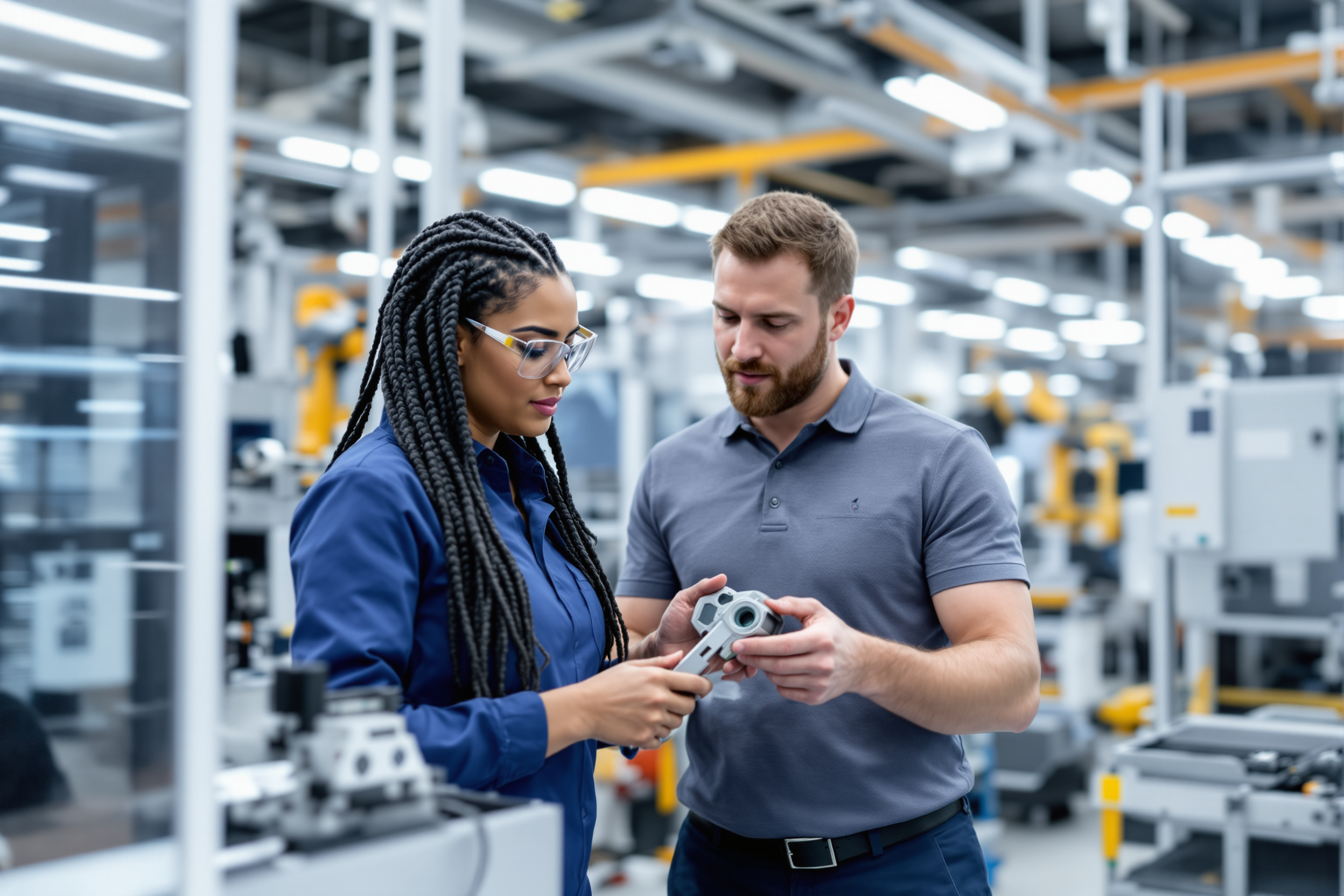 Moderne Fertigung: Lateinamerikanische Arbeiterin bedient 3D-Drucker in deutscher Produktionshalle. Vielfalt und Innovation in der Produktion.