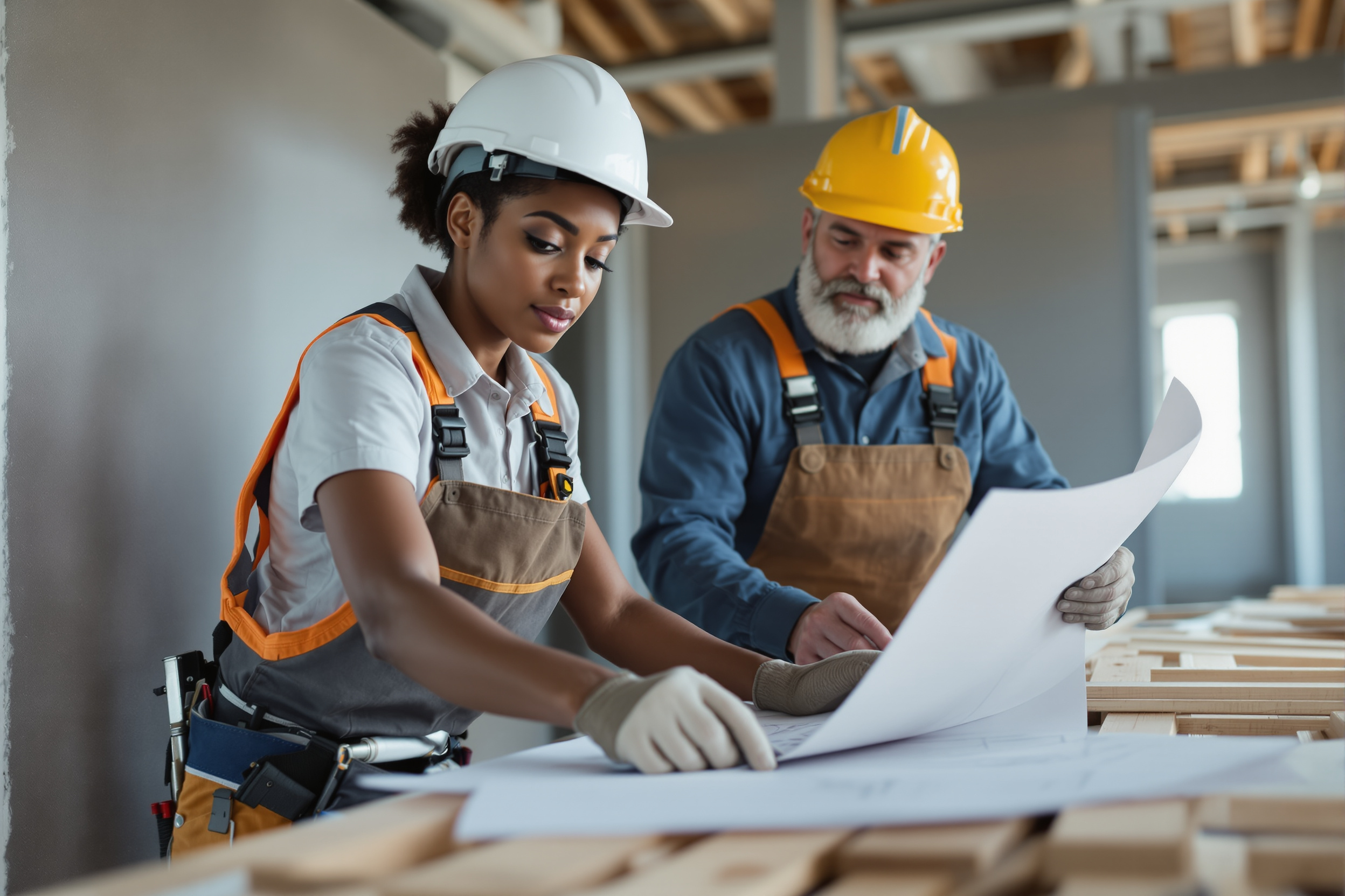 Facebook Recruiting im Handwerk: Dachdeckerin und Zimmermann arbeiten gemeinsam auf einer Baustelle in Deutschland.