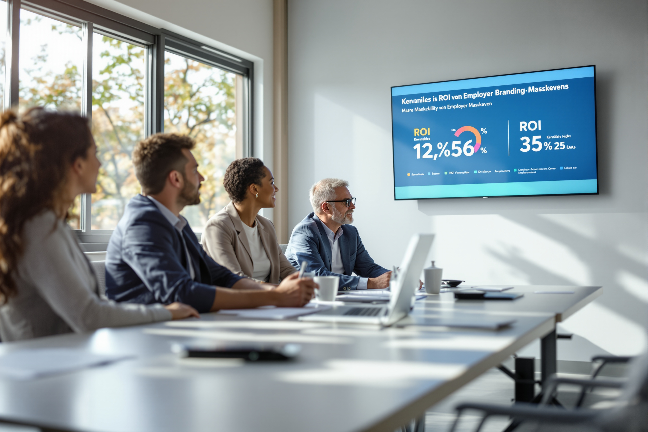 HR-Team diskutiert ROI von Employer Branding Maßnahmen in Meetingraum