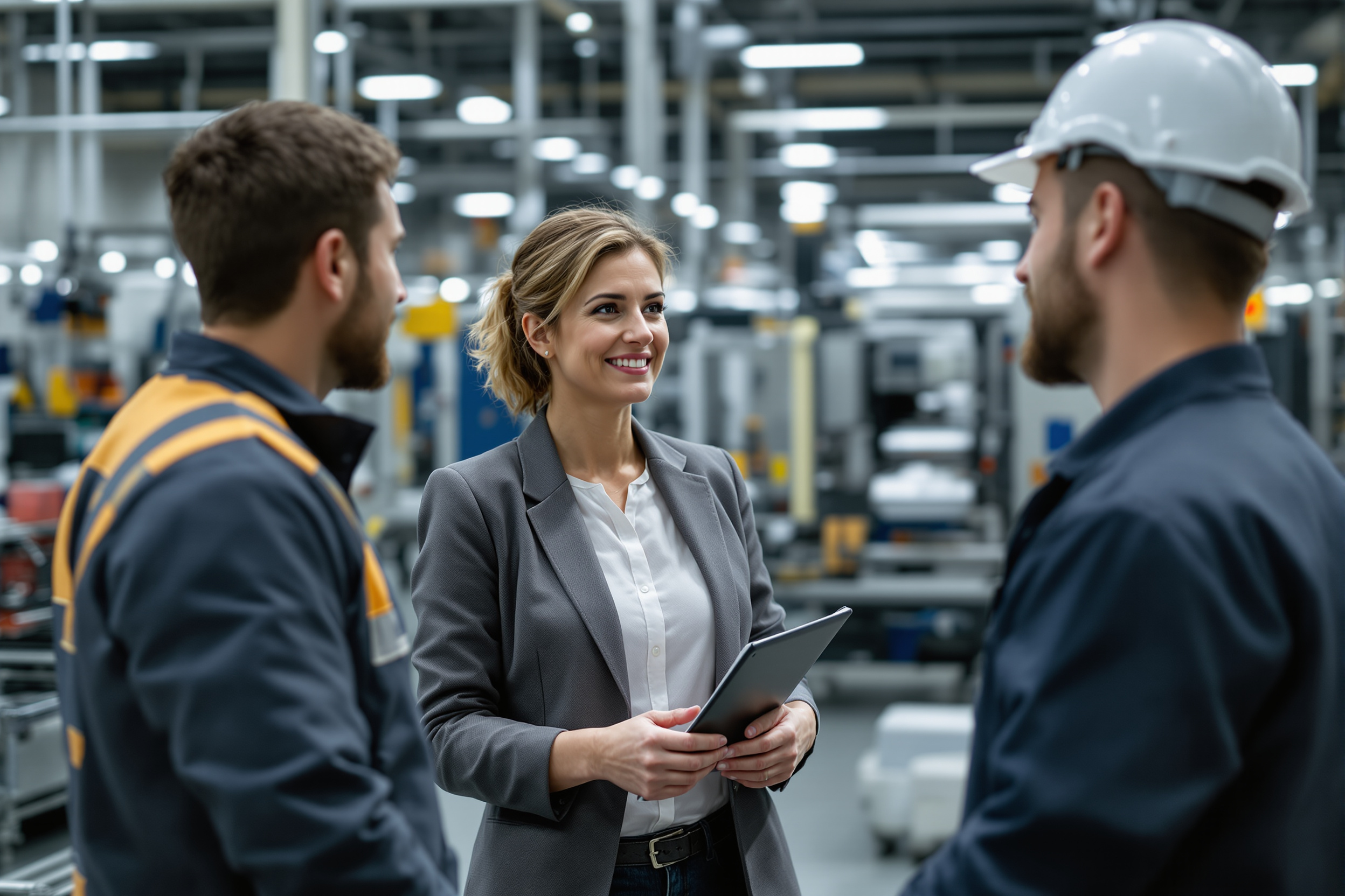 HR-Verantwortliche im Gespräch mit Produktionsmitarbeitern in einem KMU