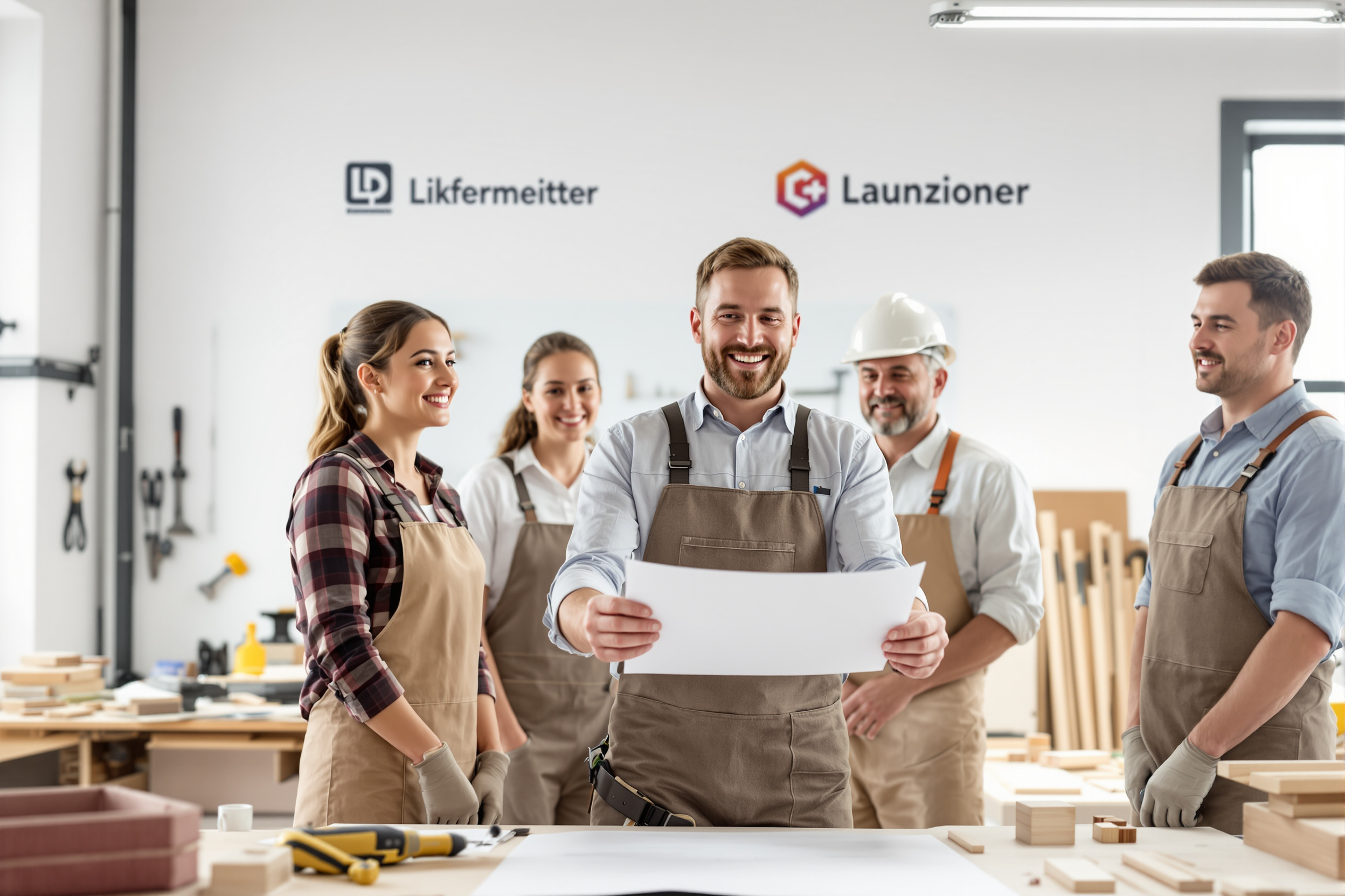 Handwerker-Team bespricht gemeinsam eine Skizze in der Werkstatt, Markenbotschafter im Handwerk