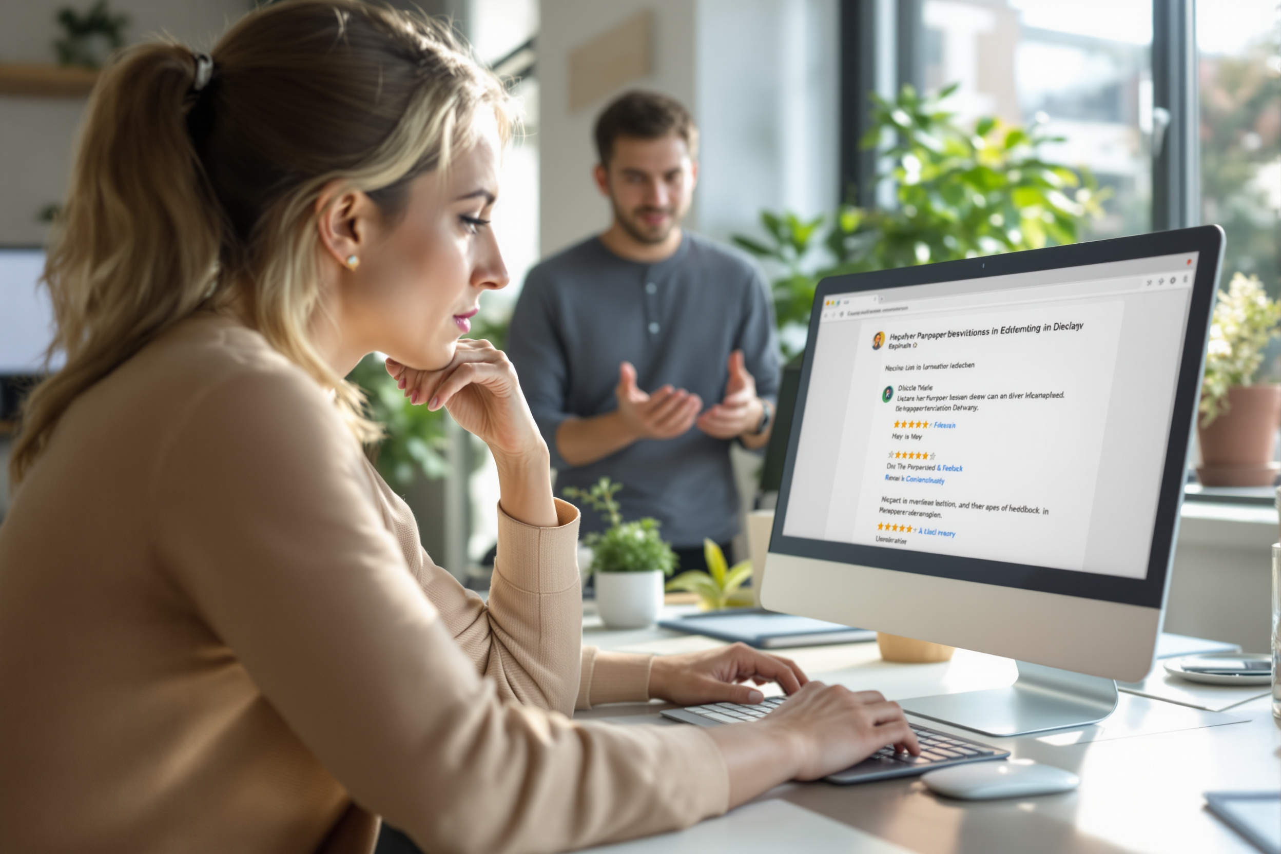 HR-Managerin liest negative Arbeitgeberbewertungen am Laptop, Kollege spendet Trost.