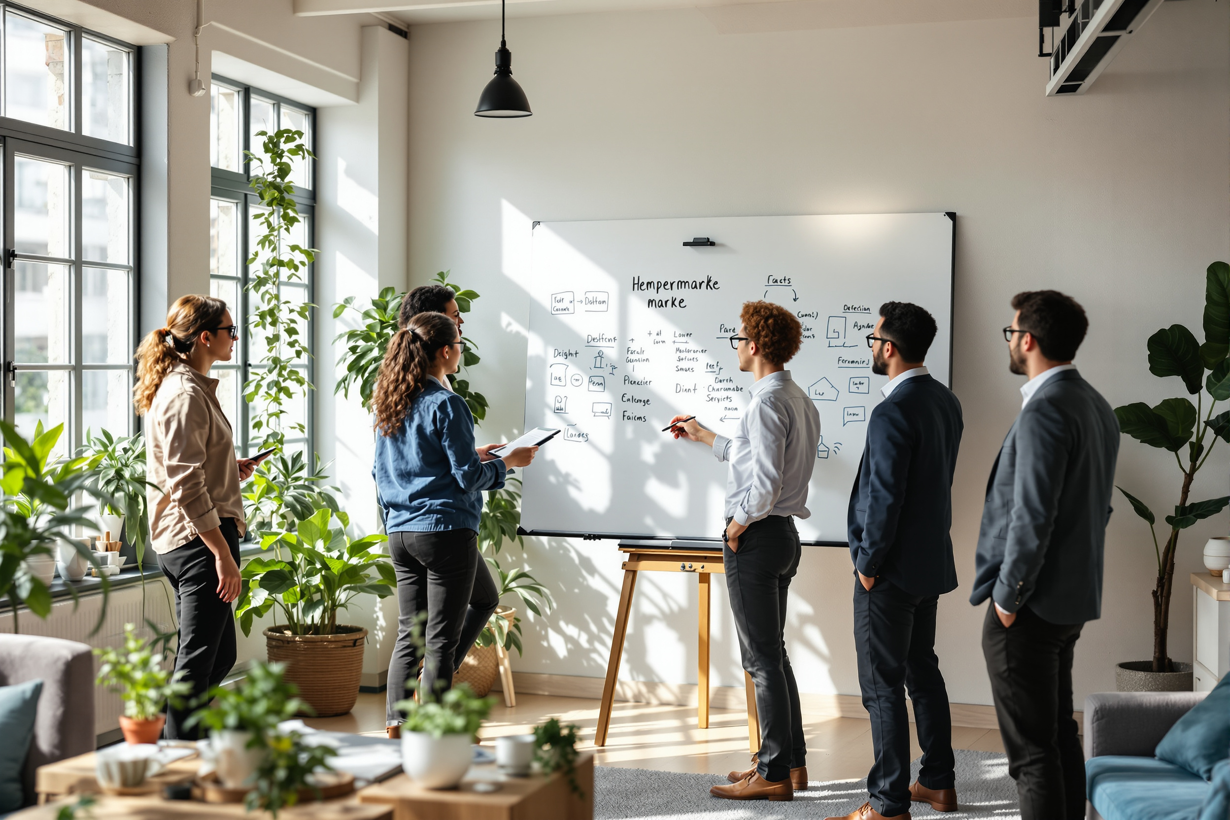 Diverse Fachkräfte arbeiten gemeinsam an der Entwicklung einer Arbeitgebermarke in einem modernen Büroraum.