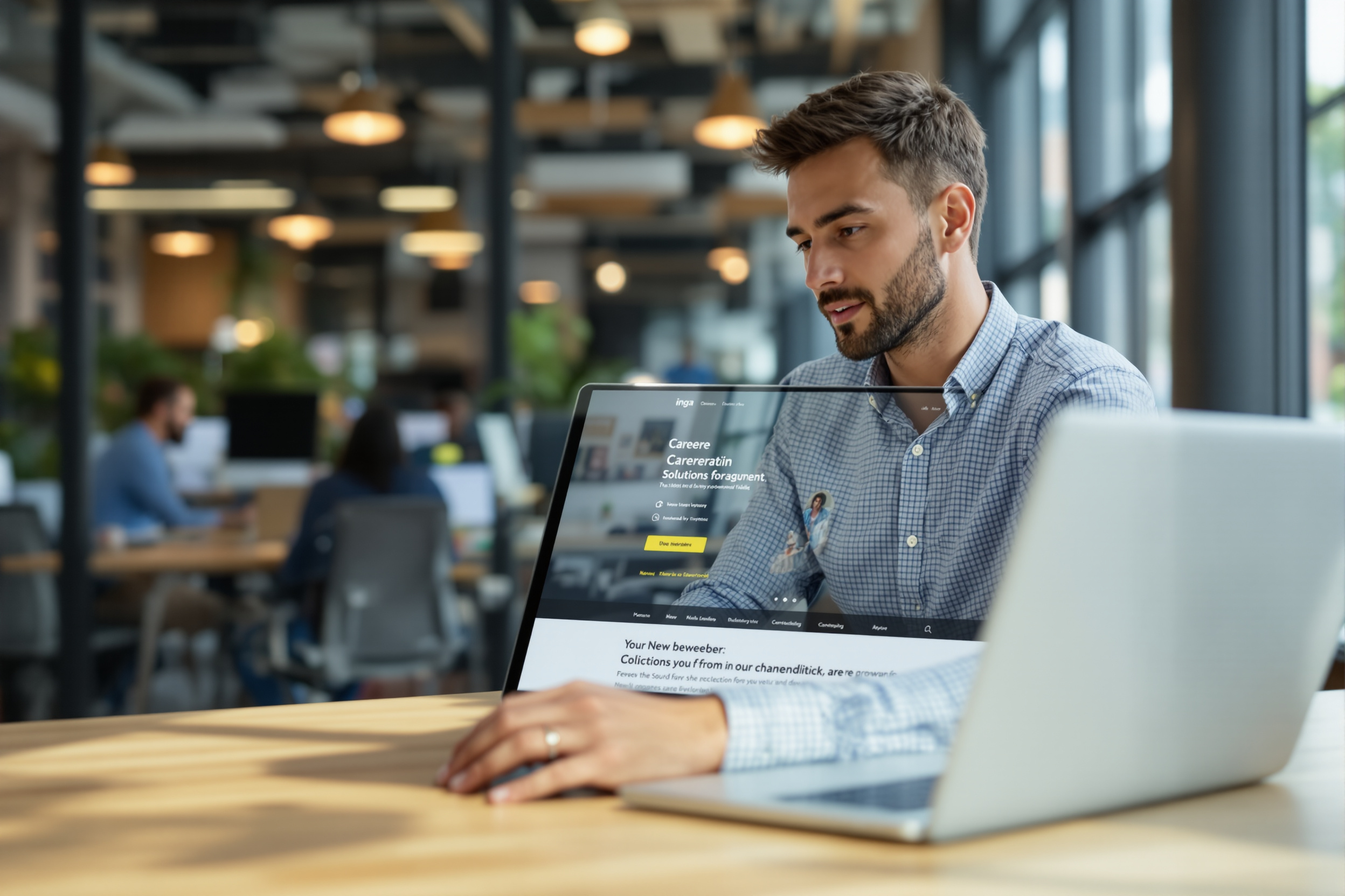 Ein Mann betrachtet aufmerksam eine Karriereseite auf einem Laptop, im Hintergrund ein modernes Büro.