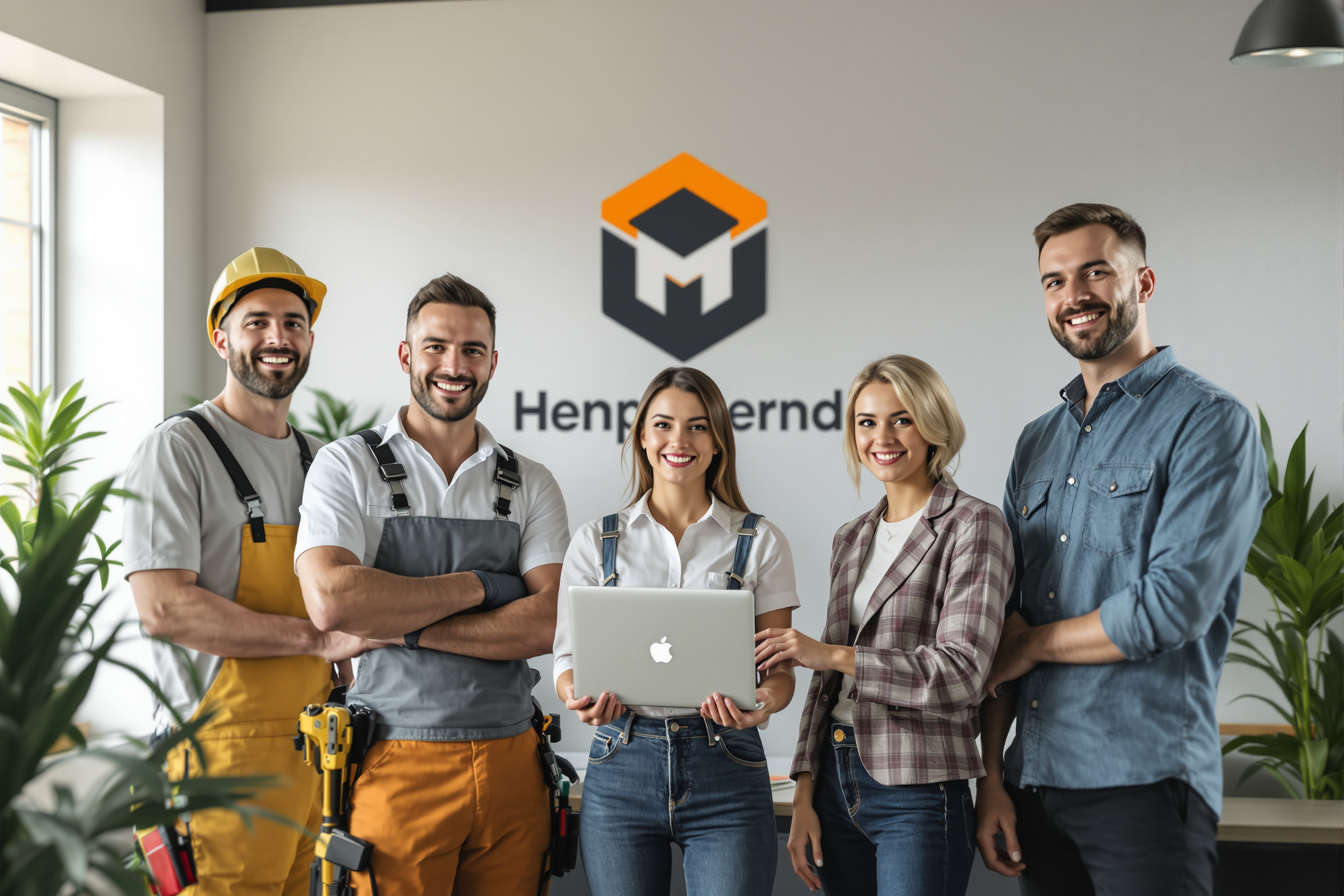Mitarbeiter verschiedener Fachrichtungen stehen stolz vor ihrem Firmenlogo, das die Werte des Unternehmens repräsentiert.