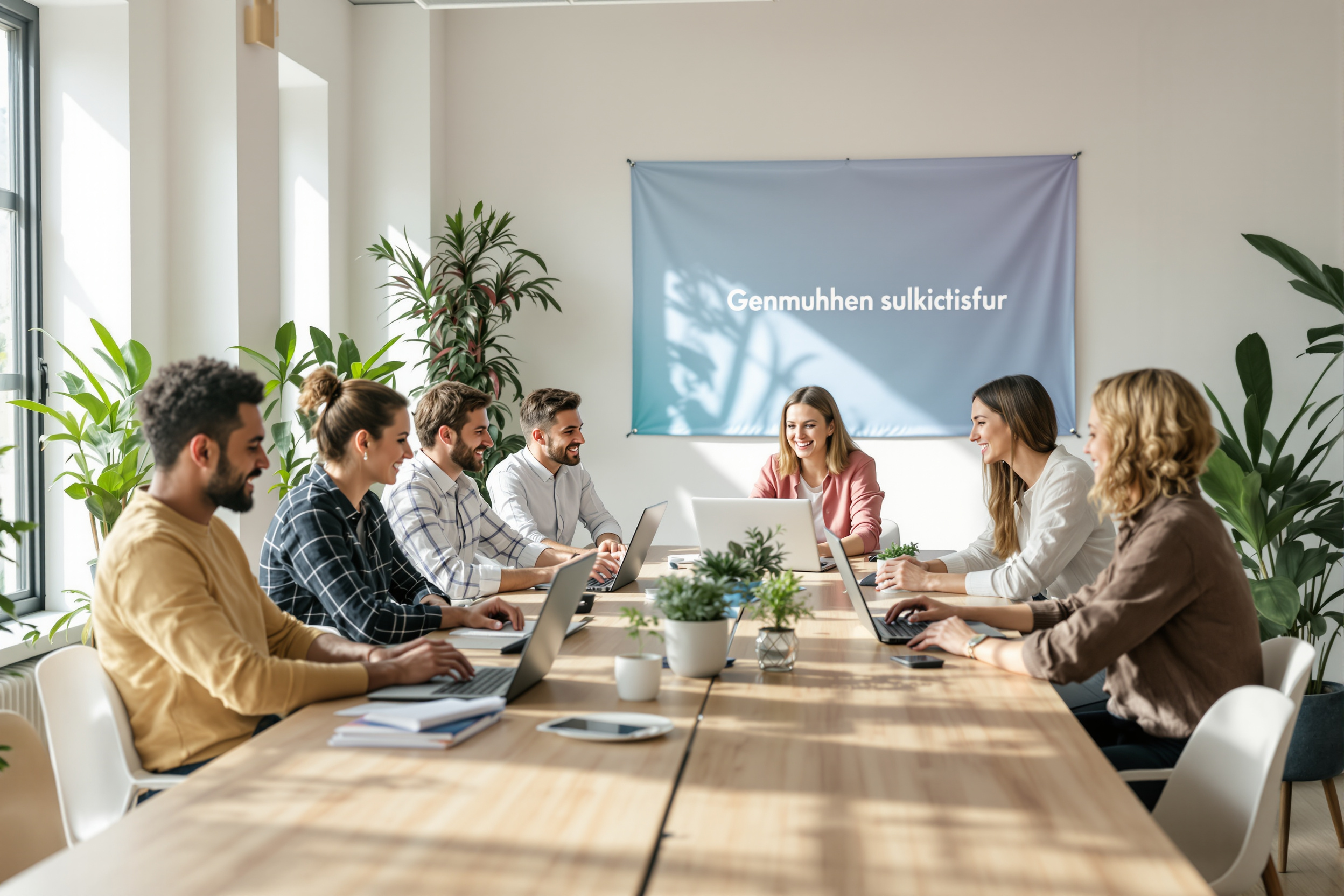 Mitarbeiter eines mittelständischen Unternehmens arbeiten gemeinsam an einem Tisch in einem modernen Büro.