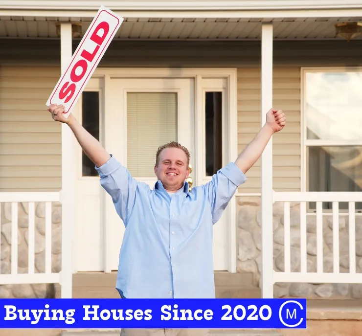 happy man raising his two hand and in hand there is sold banner, he sold his house to cash home buyer