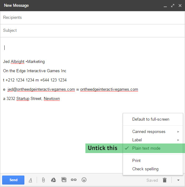 gmail plain text on