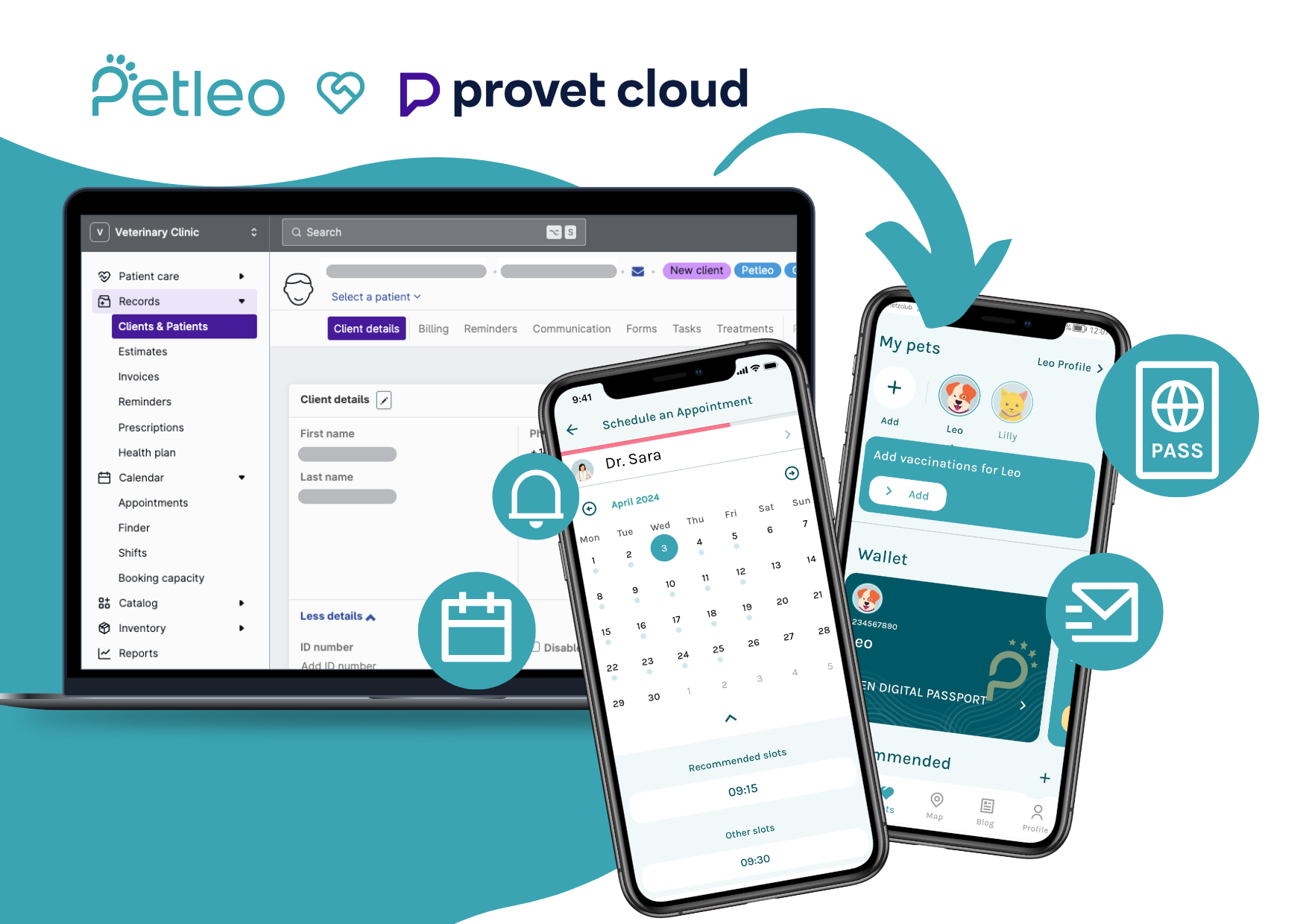 Mit Petleo für das Praxismanagementsystem Provet Cloud übermitteln Sie Haustierdaten und Terminerinnerungen direkt in die Petleo App Ihrer Kunden.