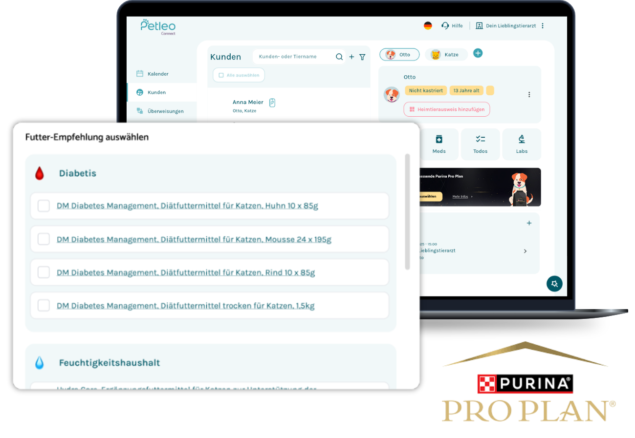 Ein Screenshot der Tiernahrungsempfehlung von Purina PRO PLAN Tiernahrung im Petleo Connect System.