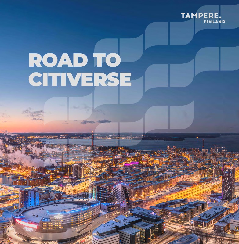 Road to Citiverse book cover over an evening aerial view of Tampere, Finland