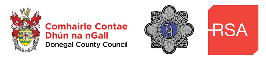 Donegal County Council coat of arms next to Donegal County Council text, Irish police service emblem, and RSA logo.
