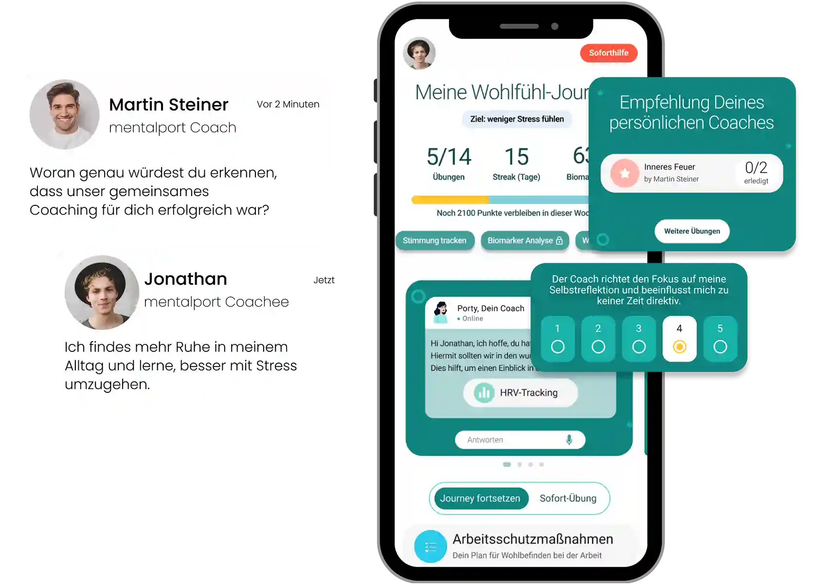 Mentalport App zeigt personalisiertes Coaching und Support als EAP-Lösung, mit Beispielen für positives Nutzererlebnis von Mitarbeitern