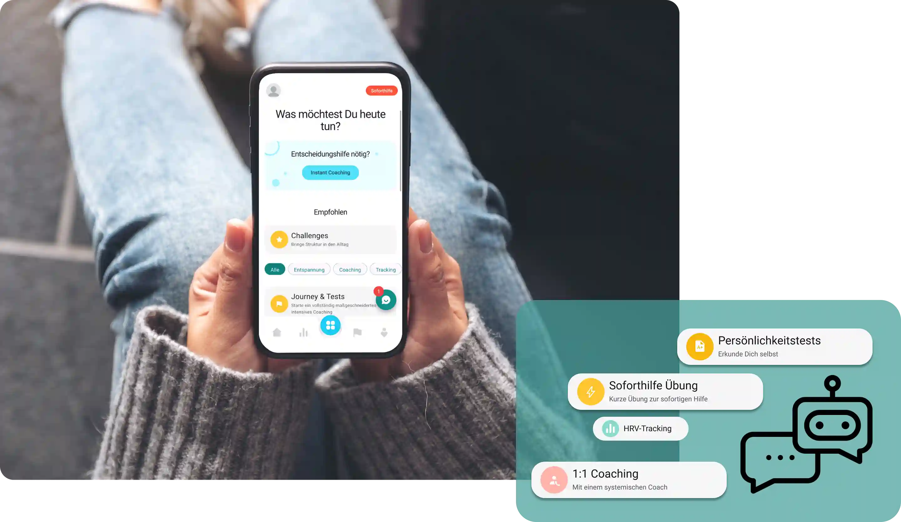 Hände halten Smartphone mit der mentalport Mental Health App für individuelle Unterstützung und Coaching im Rahmen des EAP