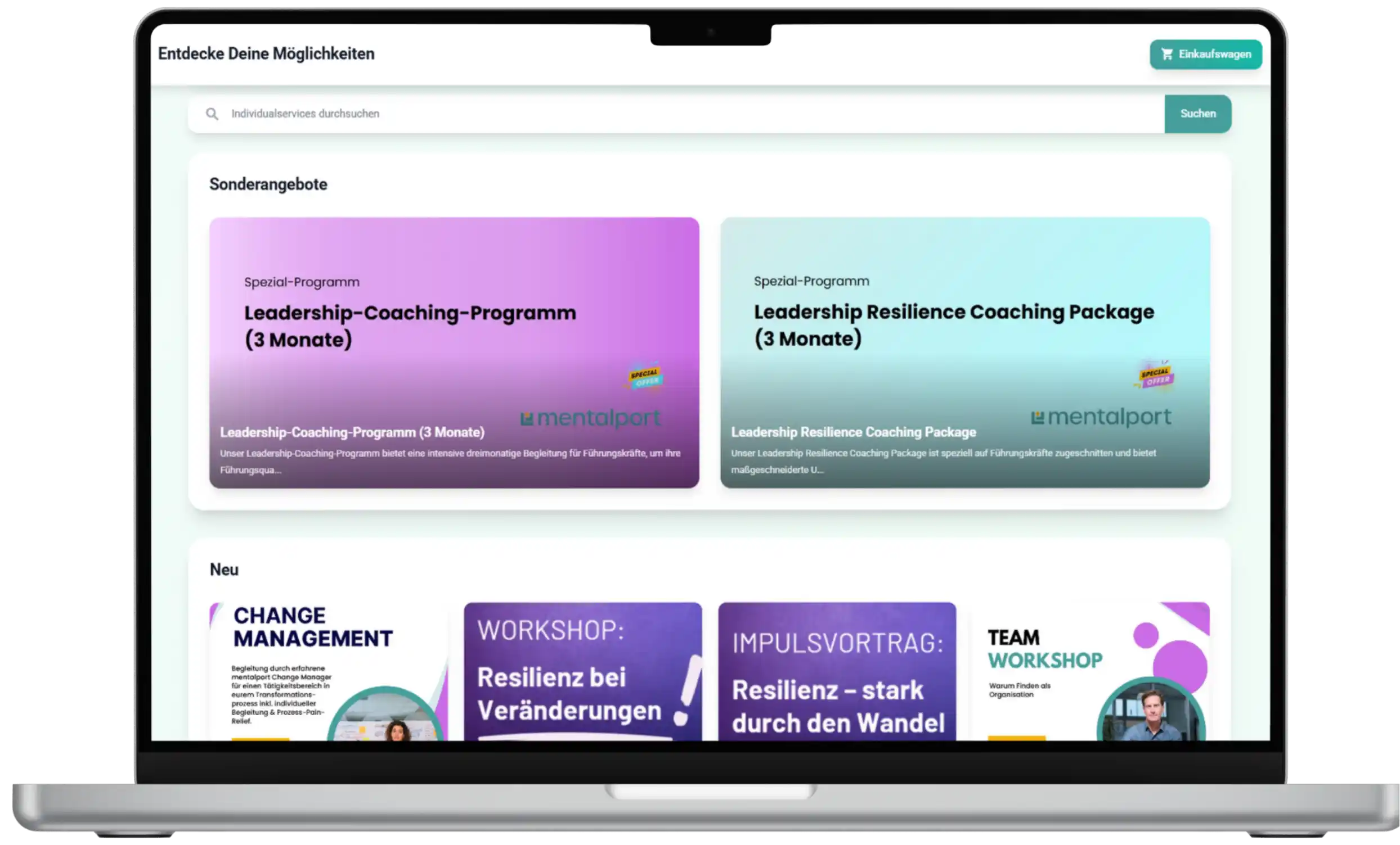 Screenshot der mentalport Web-App: Übersicht zu Workshops, Impulsvorträgen und Coaching-Programmen für Unternehmen – Change Management, Resilienz, Leadership-Programme und Team-Workshops
