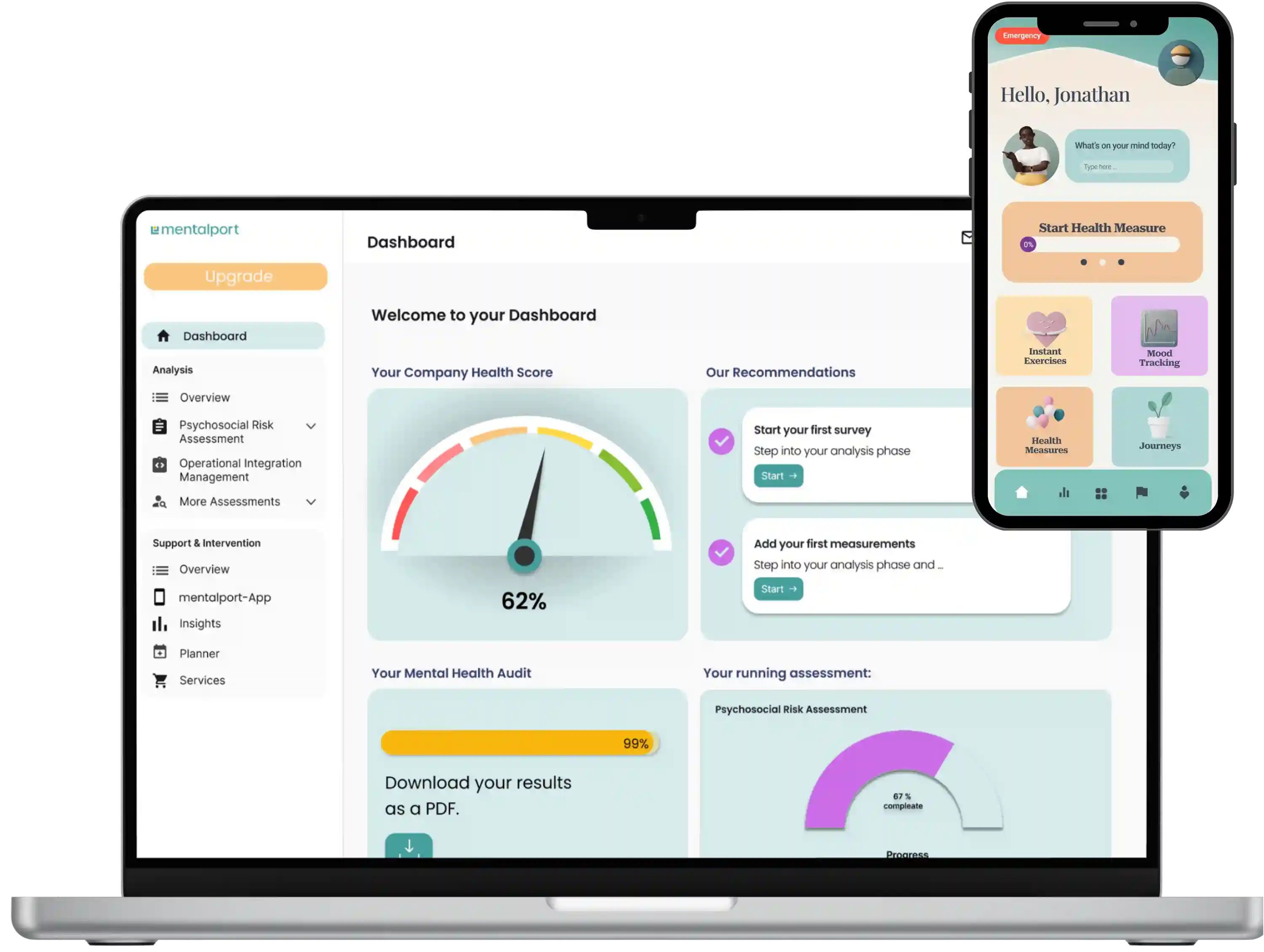 Mentalport: The holistic solution for better mental health in the workplace. The screenshot shows the dashboard of the management app, which companies can use to monitor and promote the health of their employees, as well as the mobile app for employees to use individually.