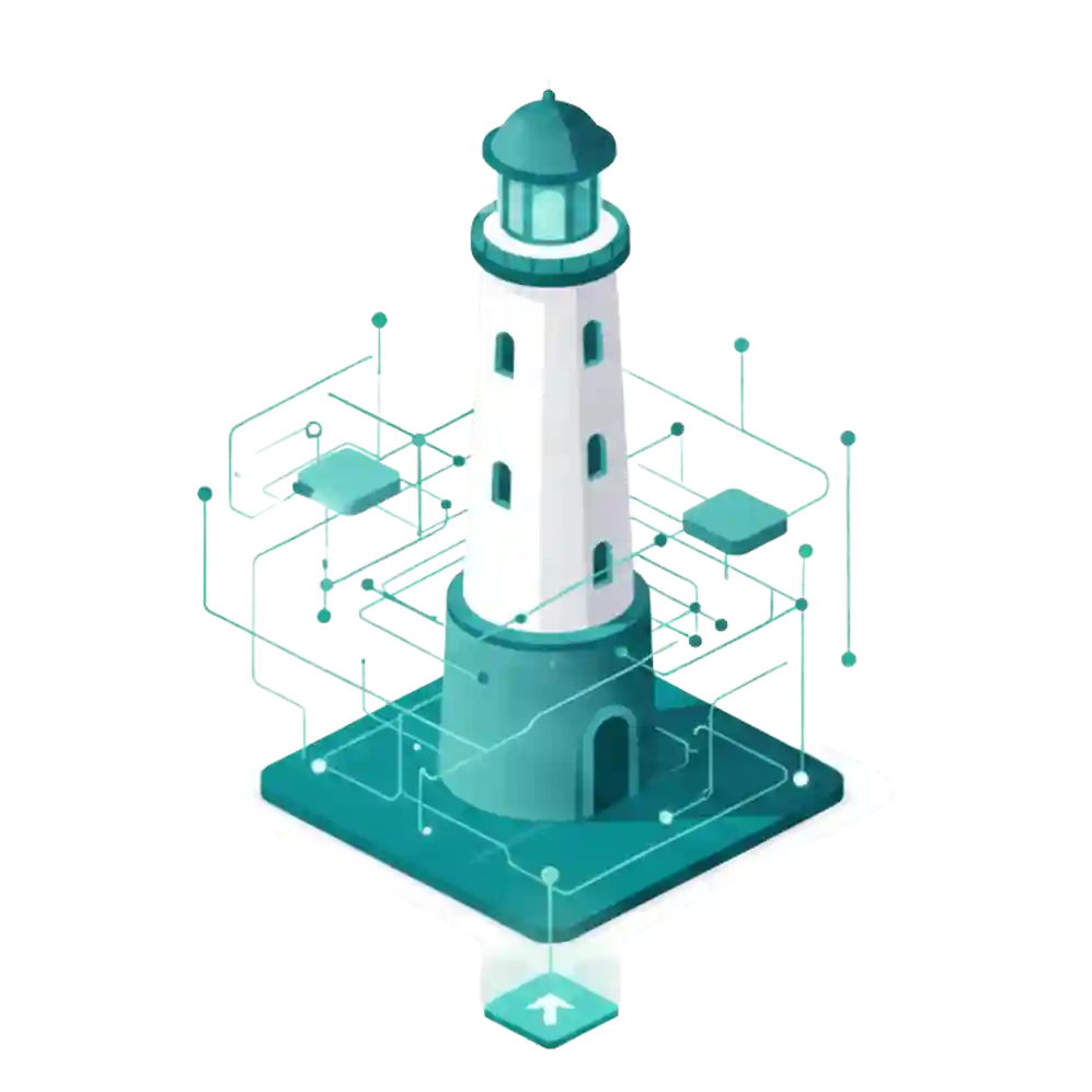Isometrischer Leuchtturm mit digitalen Verbindungsleitungen auf quadratischer Basis.