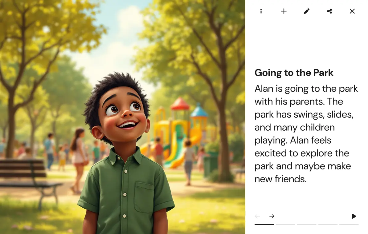 An image of a story on a tablet featuring an a young boy, wearing a green shirt, standing in the park.