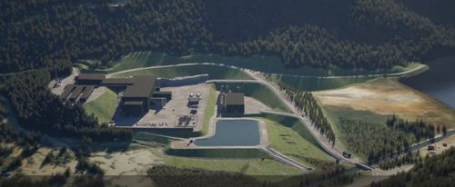Image of the proposed mine site complex with buildings, road, and more.