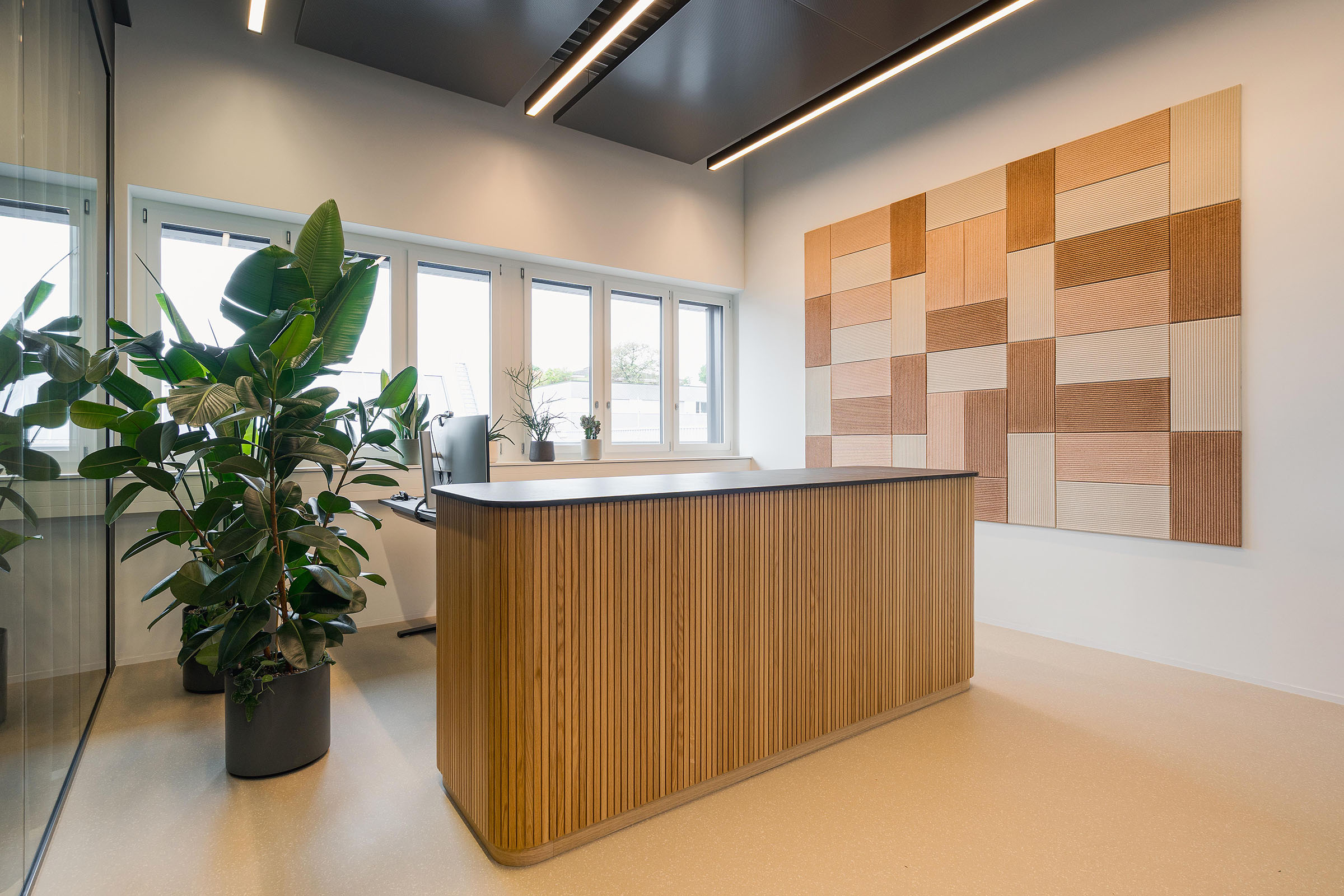 Einladender Empfang von Cosa Mirai mit gerundeter Holztheke und ARCHISONIC® Cotton-Akustikwand von Impact Acoustic