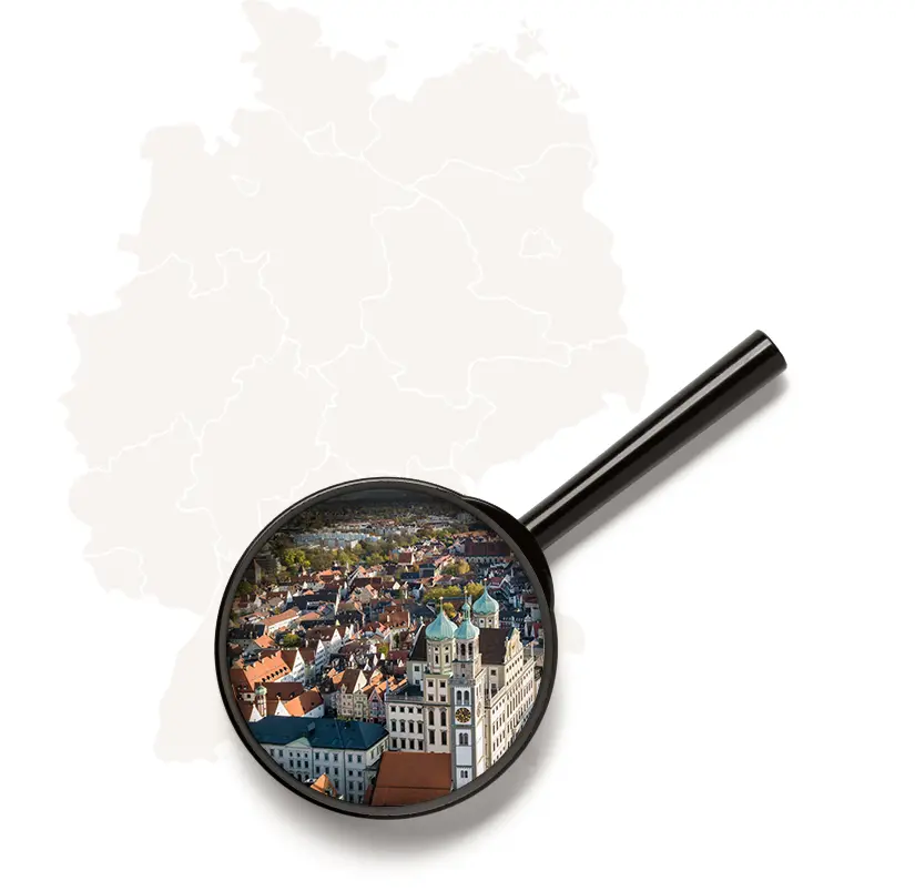 Deutschlandkarte mit Lupe auf Augsburg