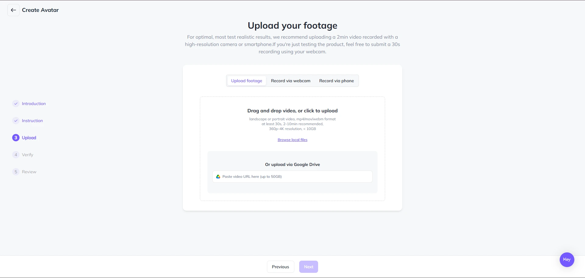 Upload screen for Create Avatar