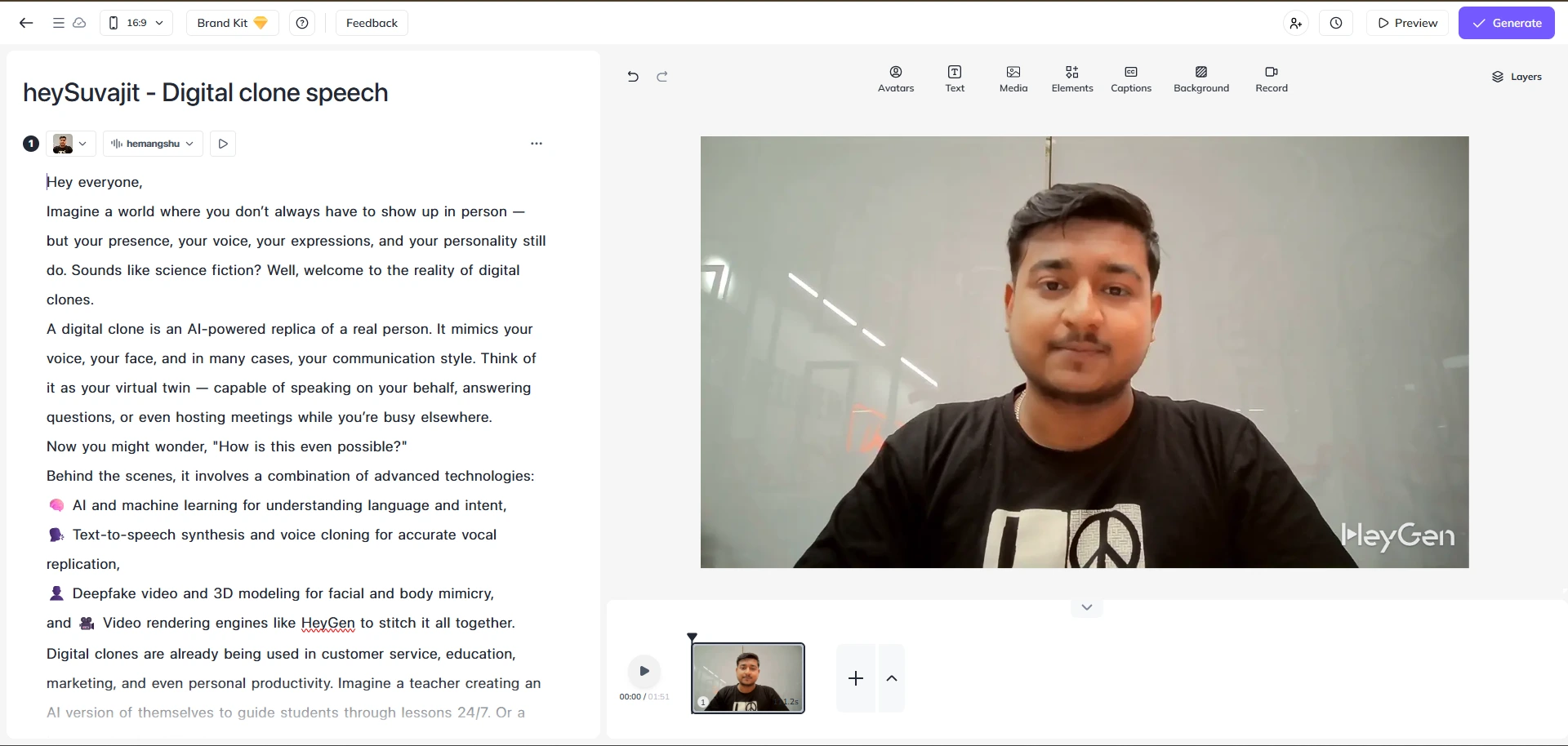 Screen of submitting the Digital Clone script