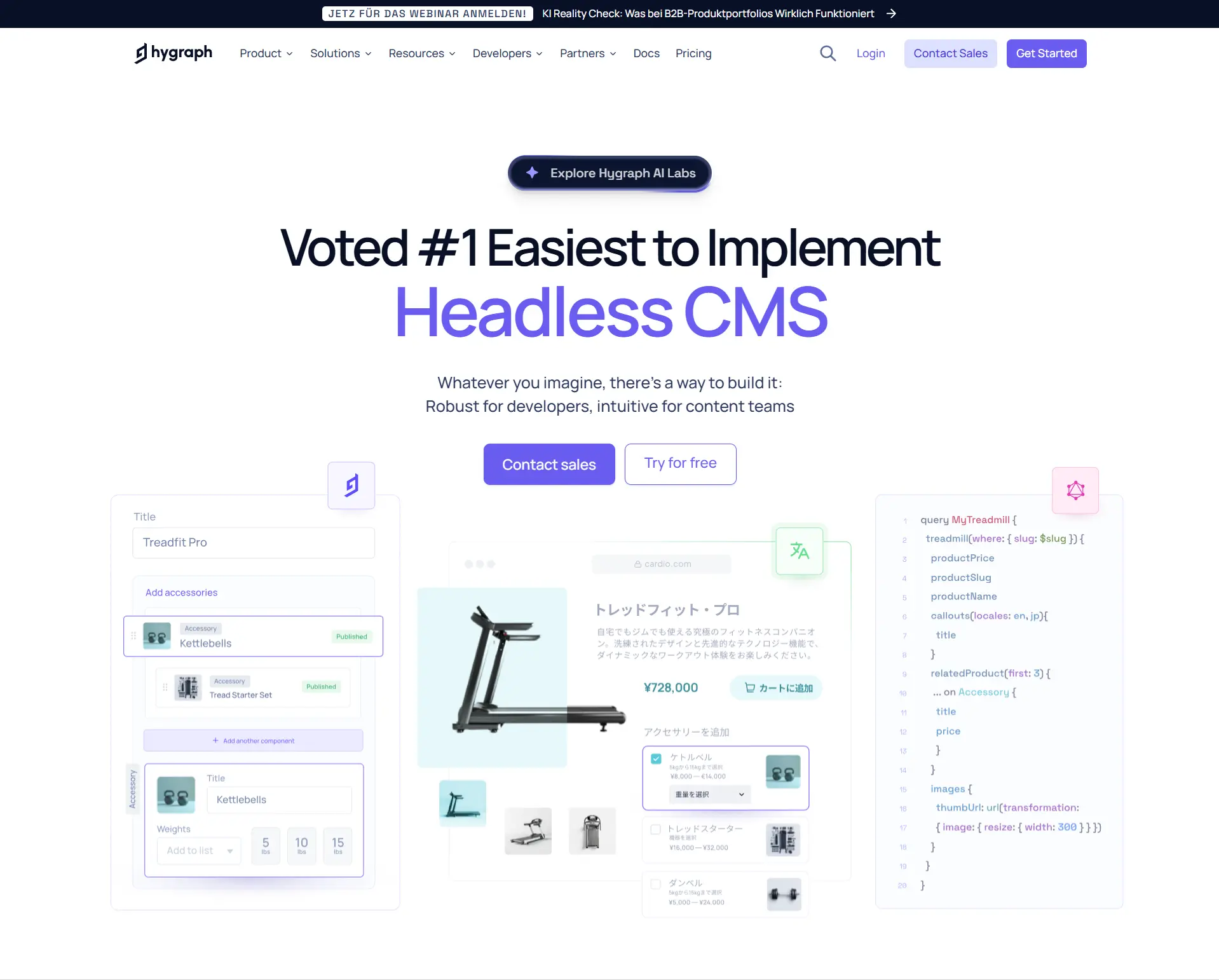 Screenshot of the Hygraph CMS platform homepage showing navigation and dashboard layout.