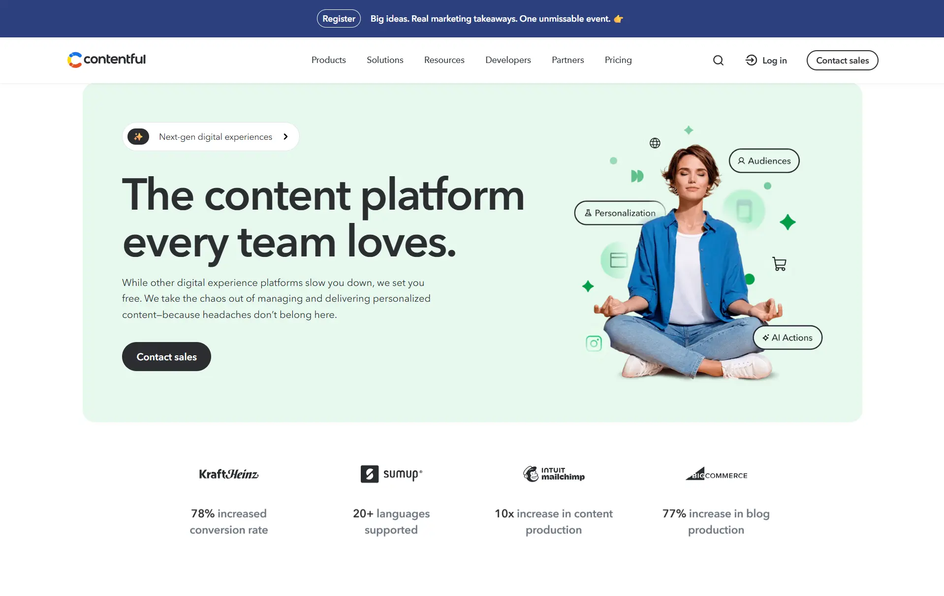 Contentful CMS homepage screenshot highlighting content platform features like personalization, AI actions, and audience targeting.
