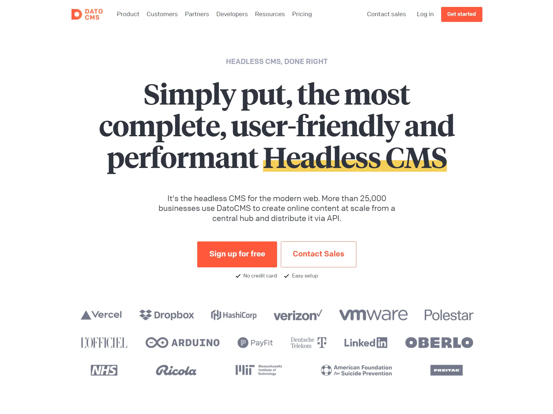 DatoCMS homepage screenshot with tagline 'Simply put, the most complete, user-friendly and performant Headless CMS,' highlighting its API-based content management platform used by brands like Vercel, Dropbox, and Verizon.