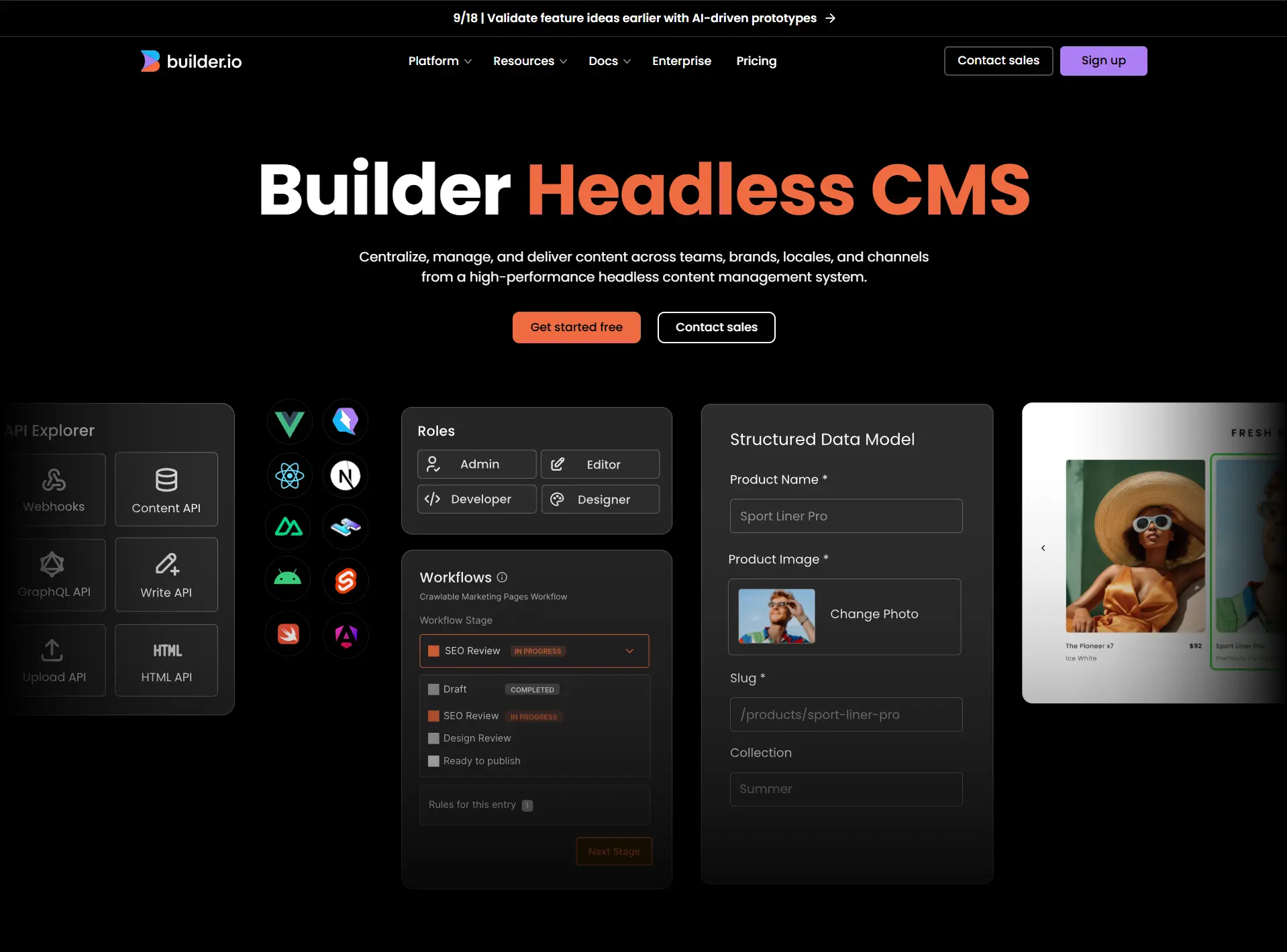Builder.io homepage screenshot with headline 'Builder Headless CMS,' showing features like content APIs, workflows, structured data models, and roles for developers, designers, and editors in a high-performance headless content management system.