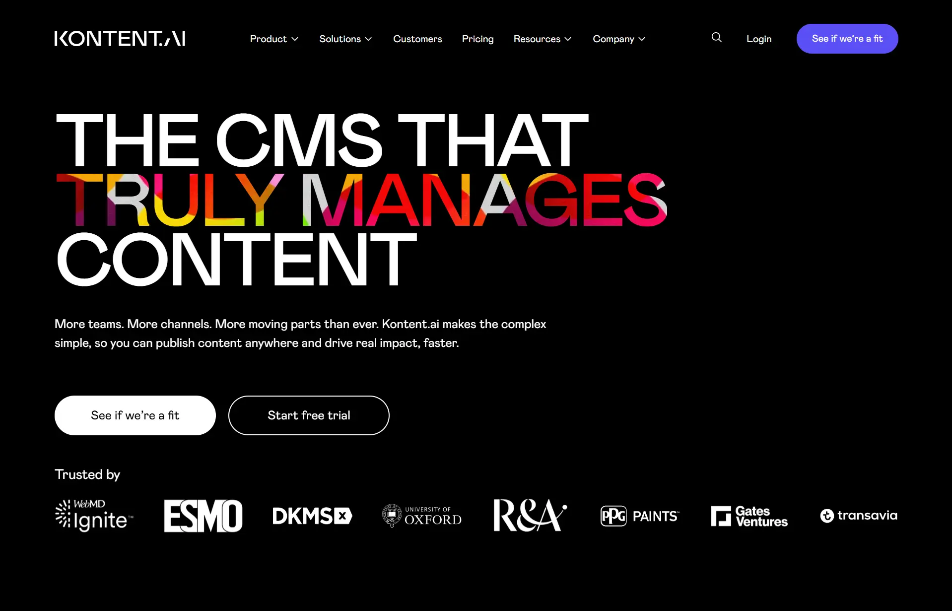 Kontent.ai CMS homepage screenshot showing headline 'The CMS that truly manages content' with call-to-action buttons for free trial and logos of brands like WebMD, Oxford, PPG Paints, and Gates Ventures.