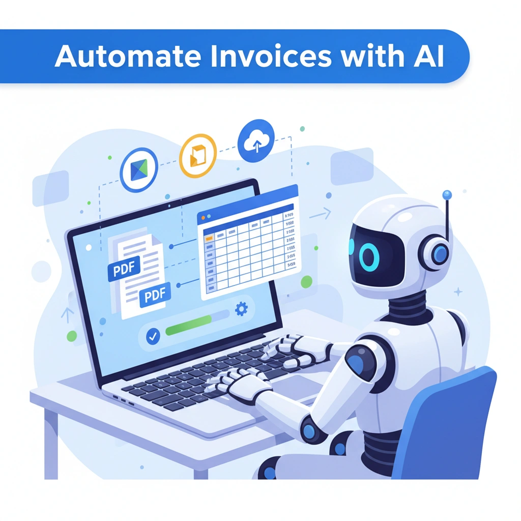 AI robot automating invoice downloads on a laptop with PDFs and spreadsheets, illustrating AI-powered workflow and productivity for Google Workspace users.