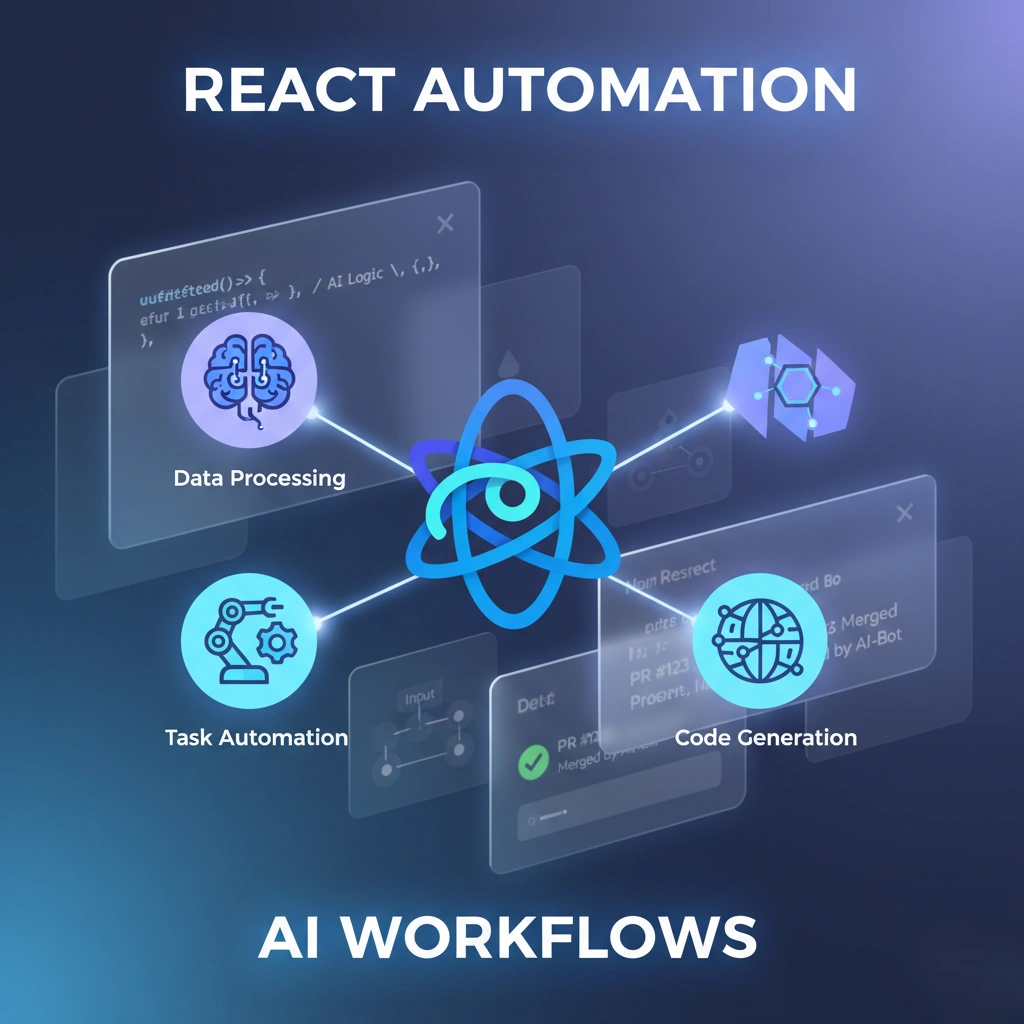 Thumbnail showing the React logo connected to icons for data processing, task automation, and code generation, representing AI-powered React workflows.