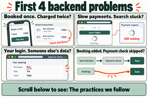 Four Backend Problems That Only Surface in Production Four backend problems that reach production: double charges, stuck searches, exposed bookings and skipped payment checks.