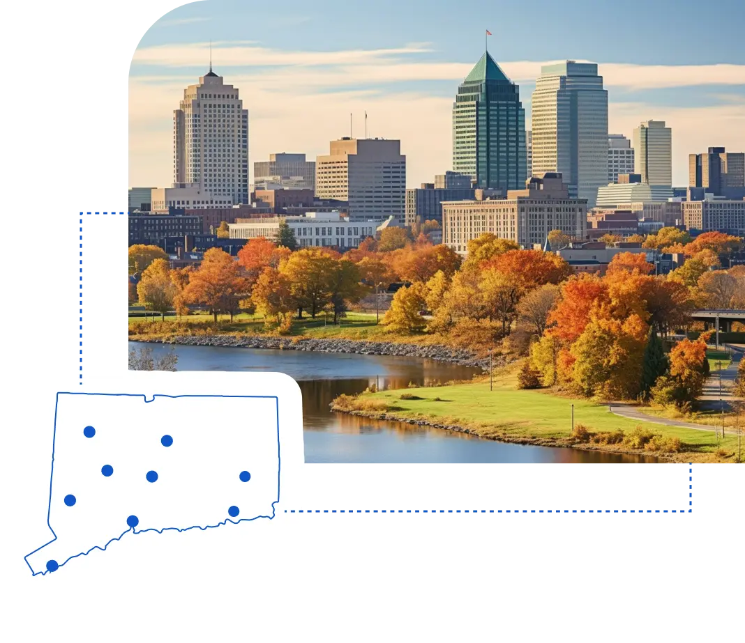 An image of Connecticut with an illustration of a map of Connecticut