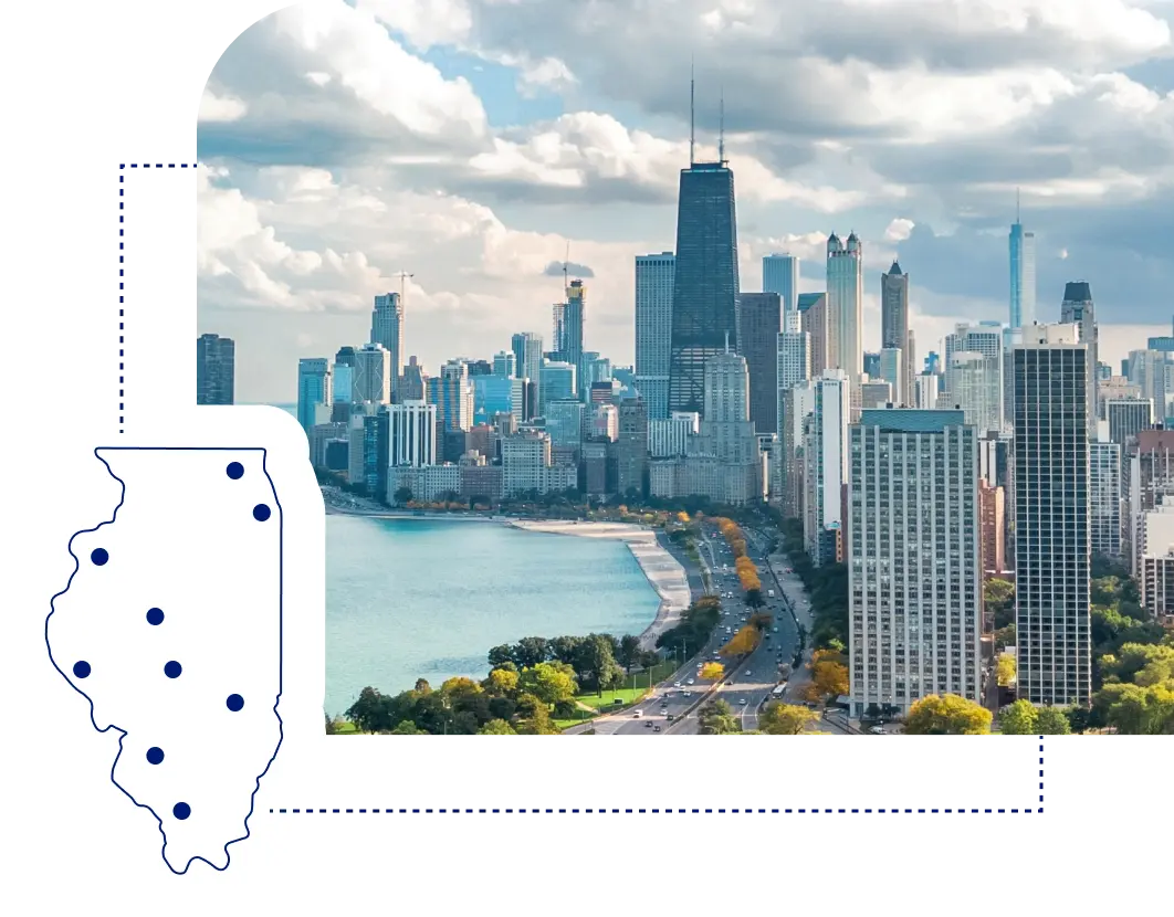 An image of Illinois with an illustration of a map of Illinois