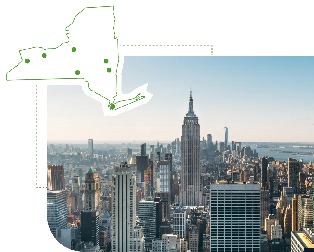 An image of New York with an illustration of a map of New York