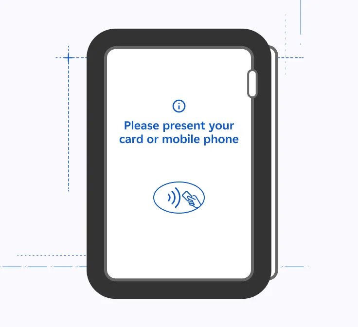 Card reader screen displaying 'Please present your card or mobile phone' with a contactless payment icon.