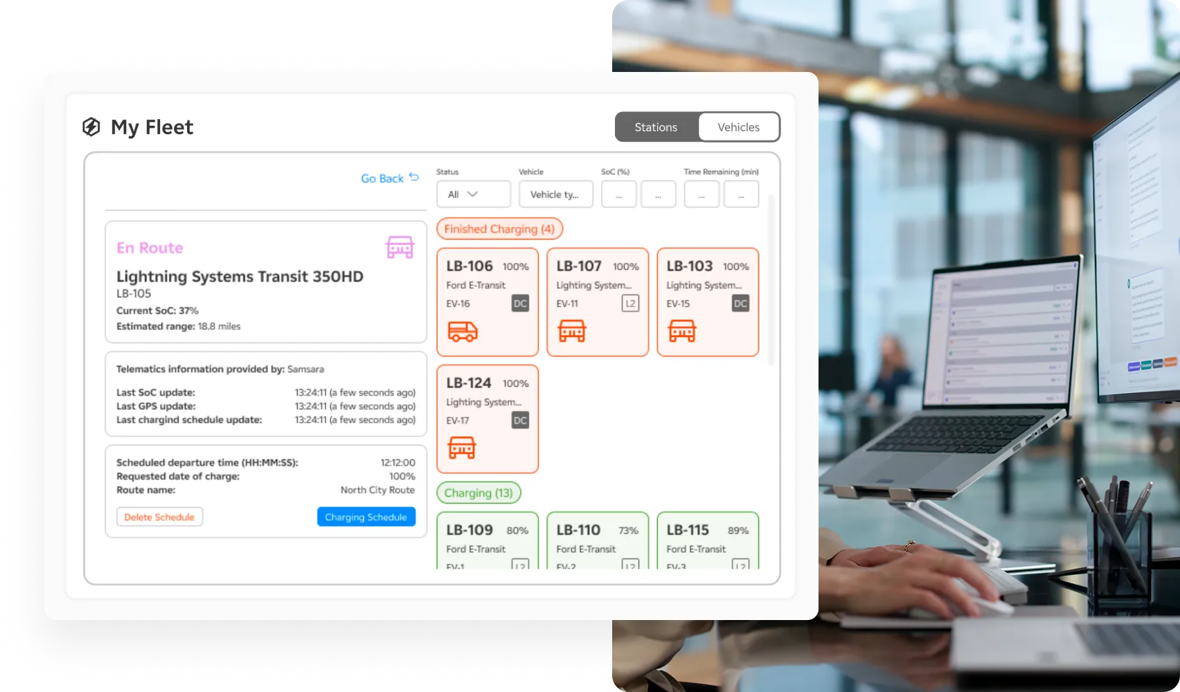 My Fleet dashboard illustration with a young woman using a platform on laptop