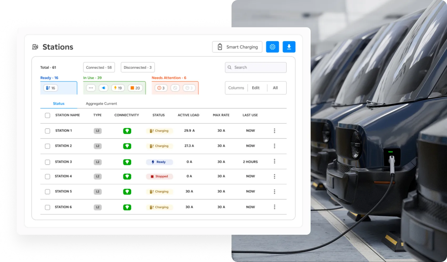 Stations dashboard illustration with fleet modern electric EV delivery vans are being charged image